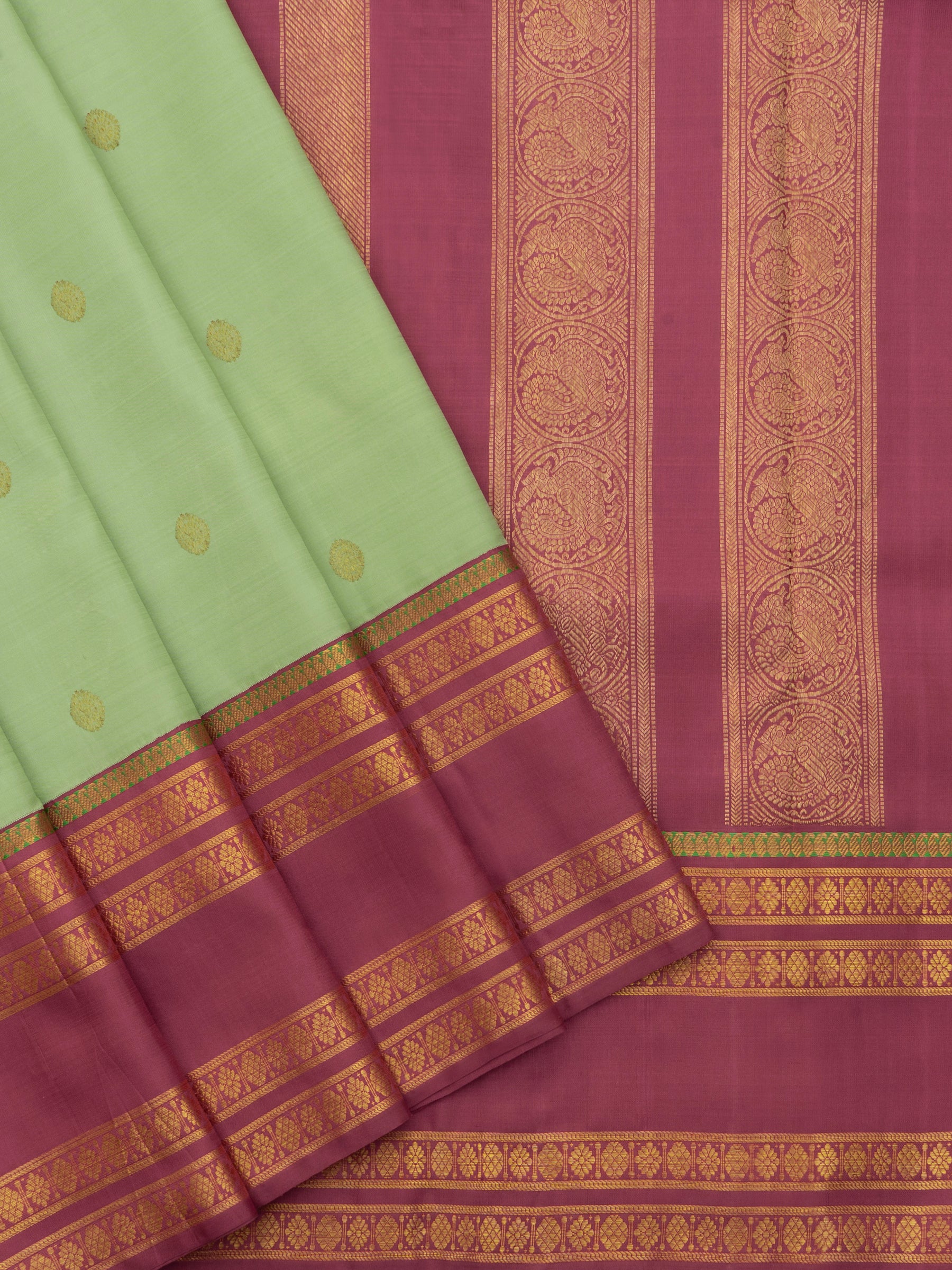 Master weaver Pista green and dusky pink kai korvai / Kanjipuram silk Saree CLSA3902