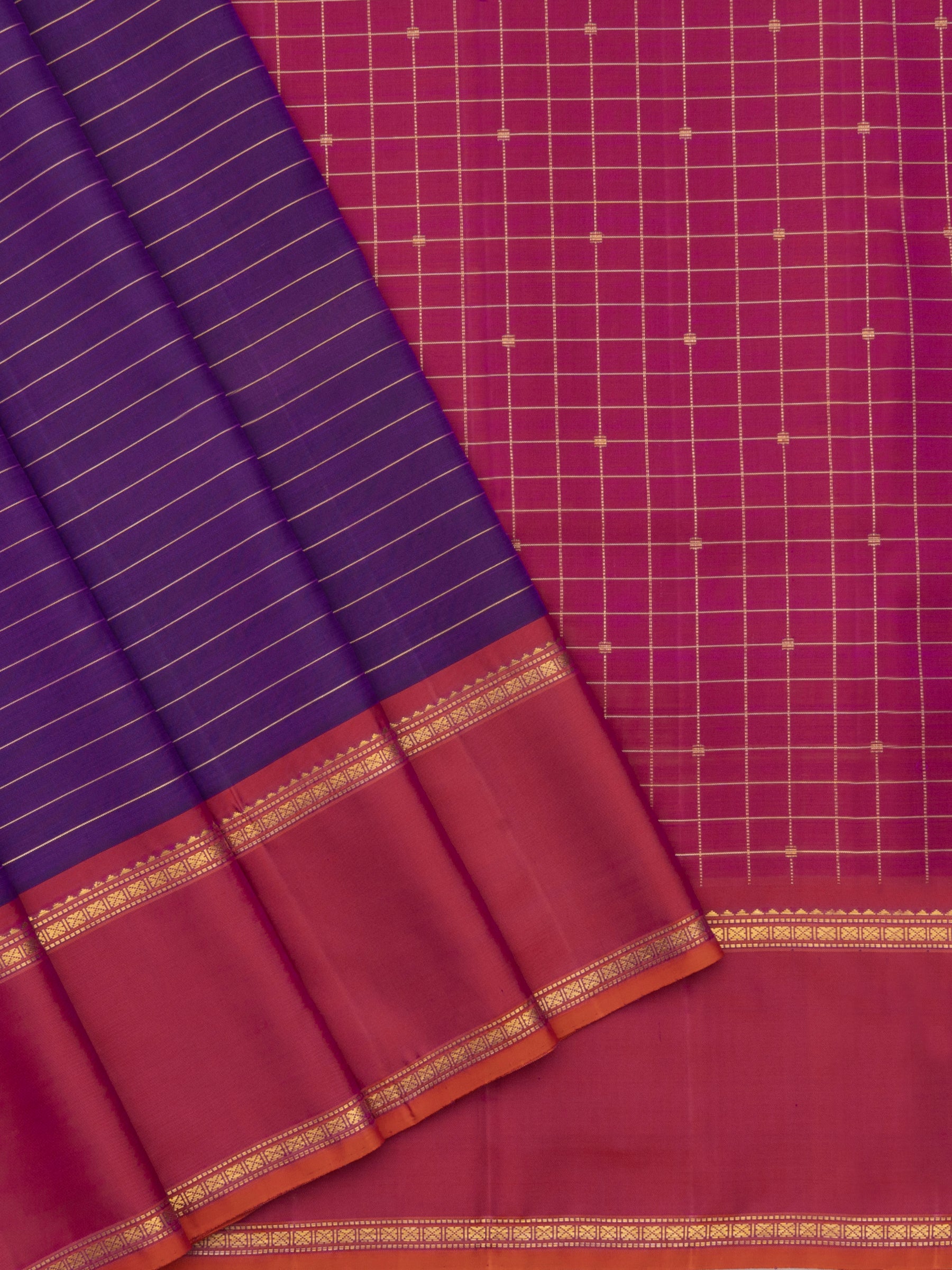 Purple zari stripes and deep pinkish orange rettapet border/ Arani Silk Saree CLSA4317