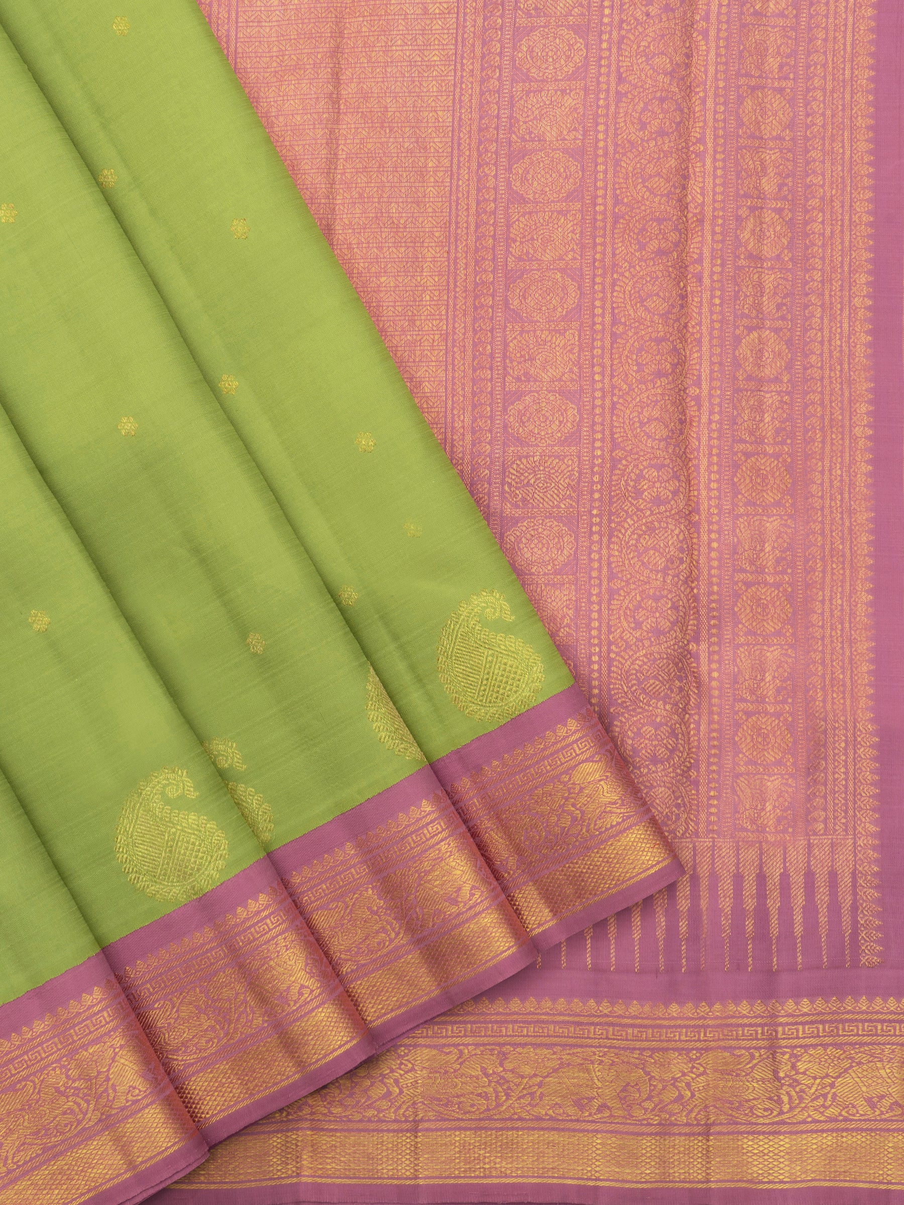 Parrot green and pastel pink bettu butta kai korvai / Kanjipuram silk Saree CLSA5492