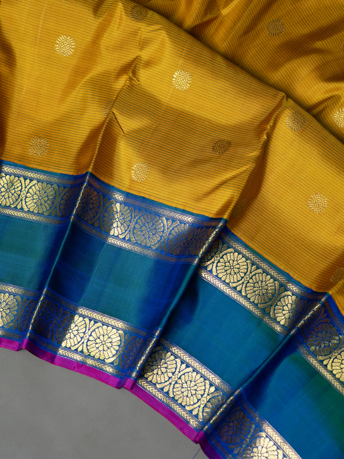 Mustard and teal blue rettapet border kai korvai/ Kanjipuram Silk Saree CLSA6084
