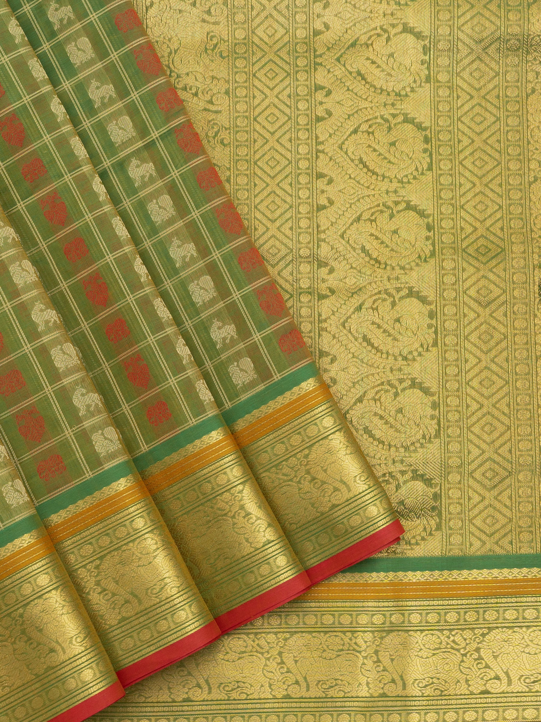 Green kattam multi butta / Silk Cotton Saree CLSA7284