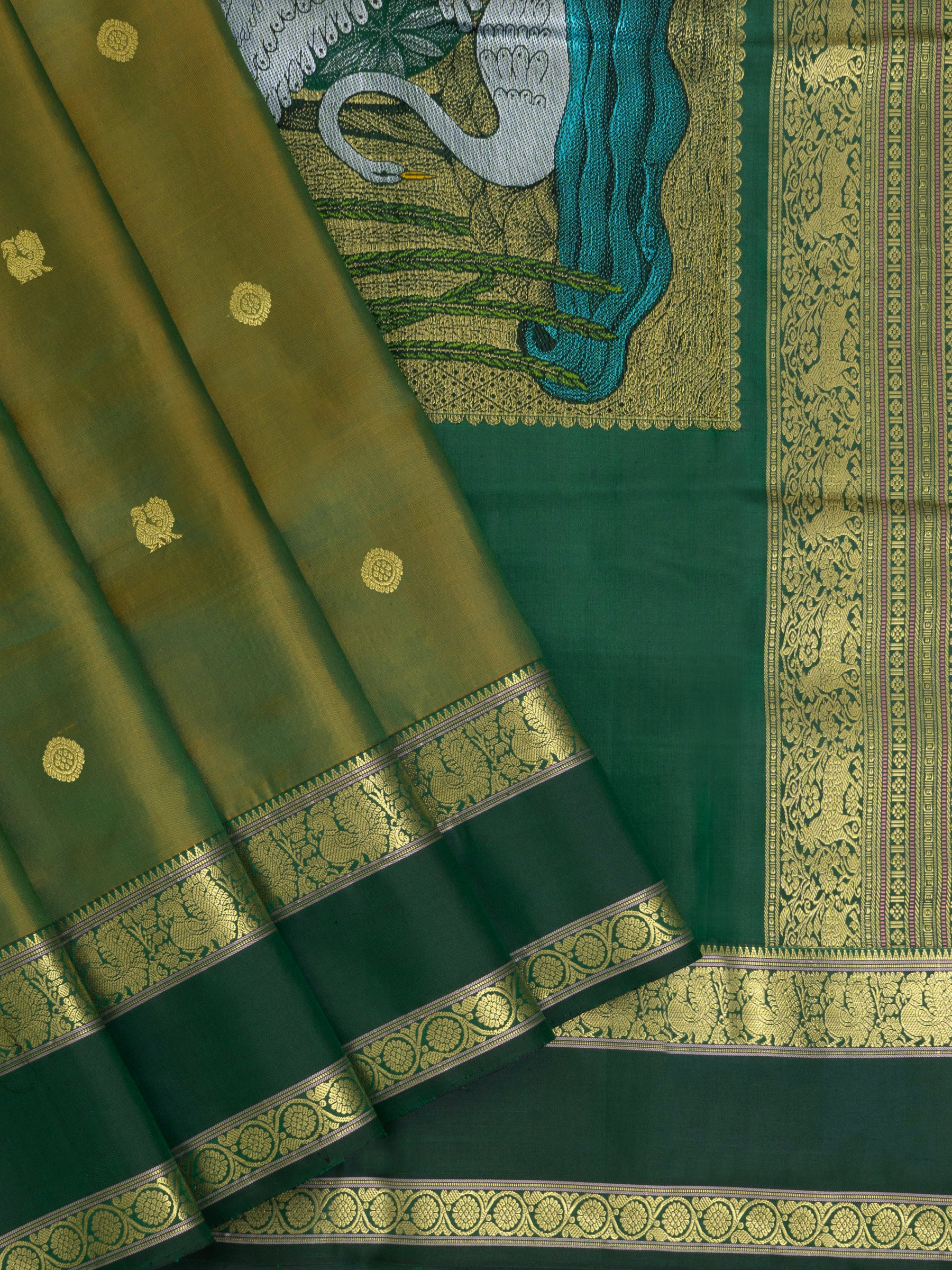 Maanthulir green and green rettapet border- exclusive unique pallu / Special Edition Silk CLSA9842