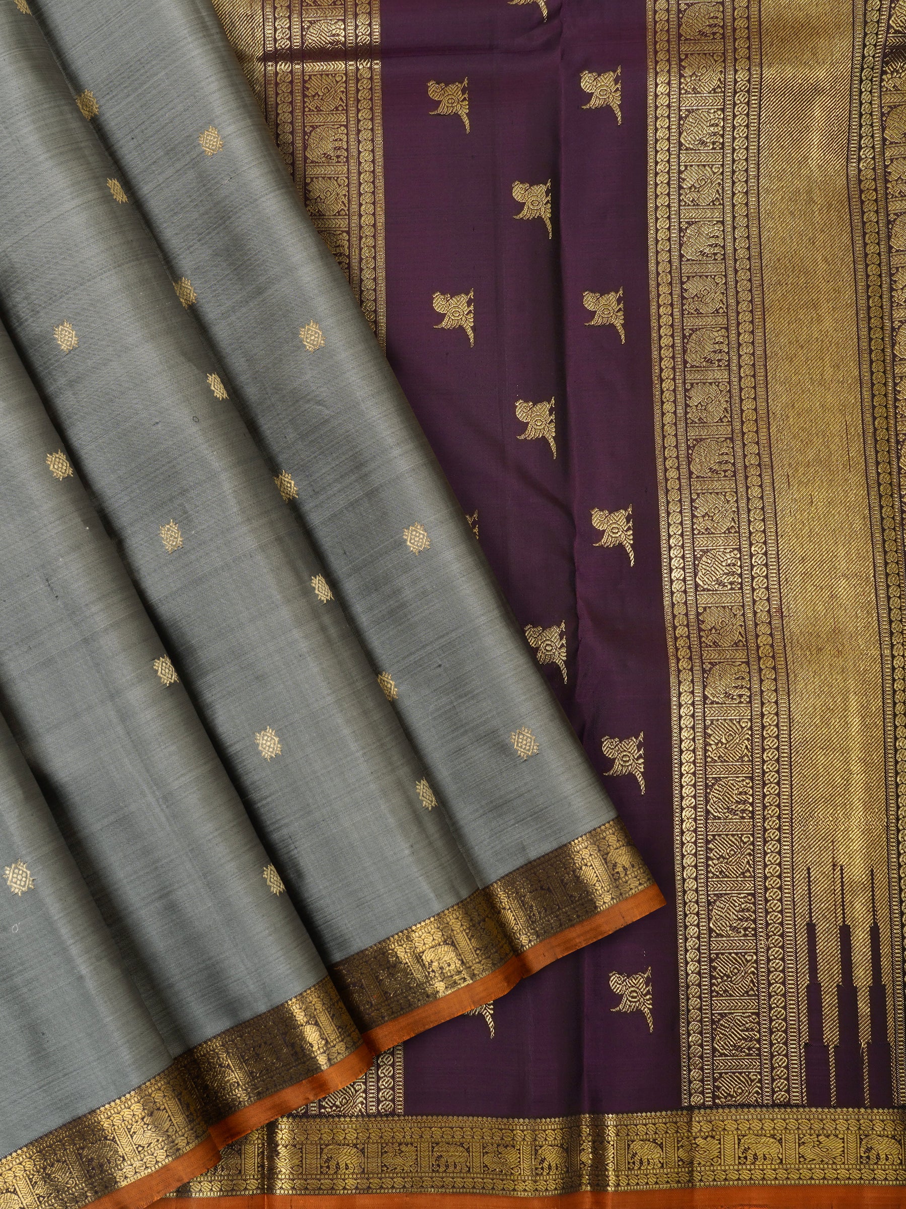 Grey and dark brown small border /Kanjipuram silk Saree