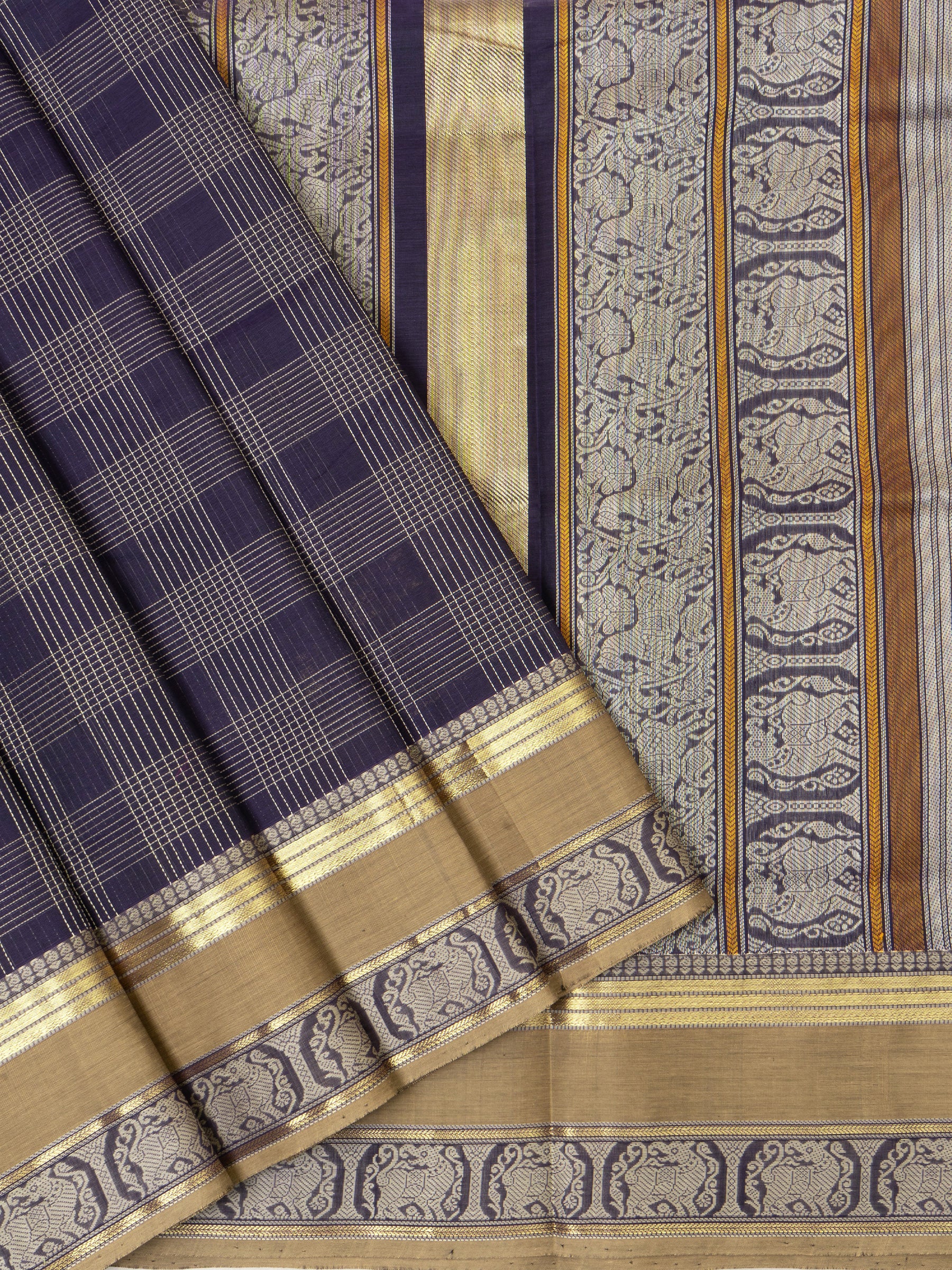 Dark blue and mustard kattam / Silk Cotton