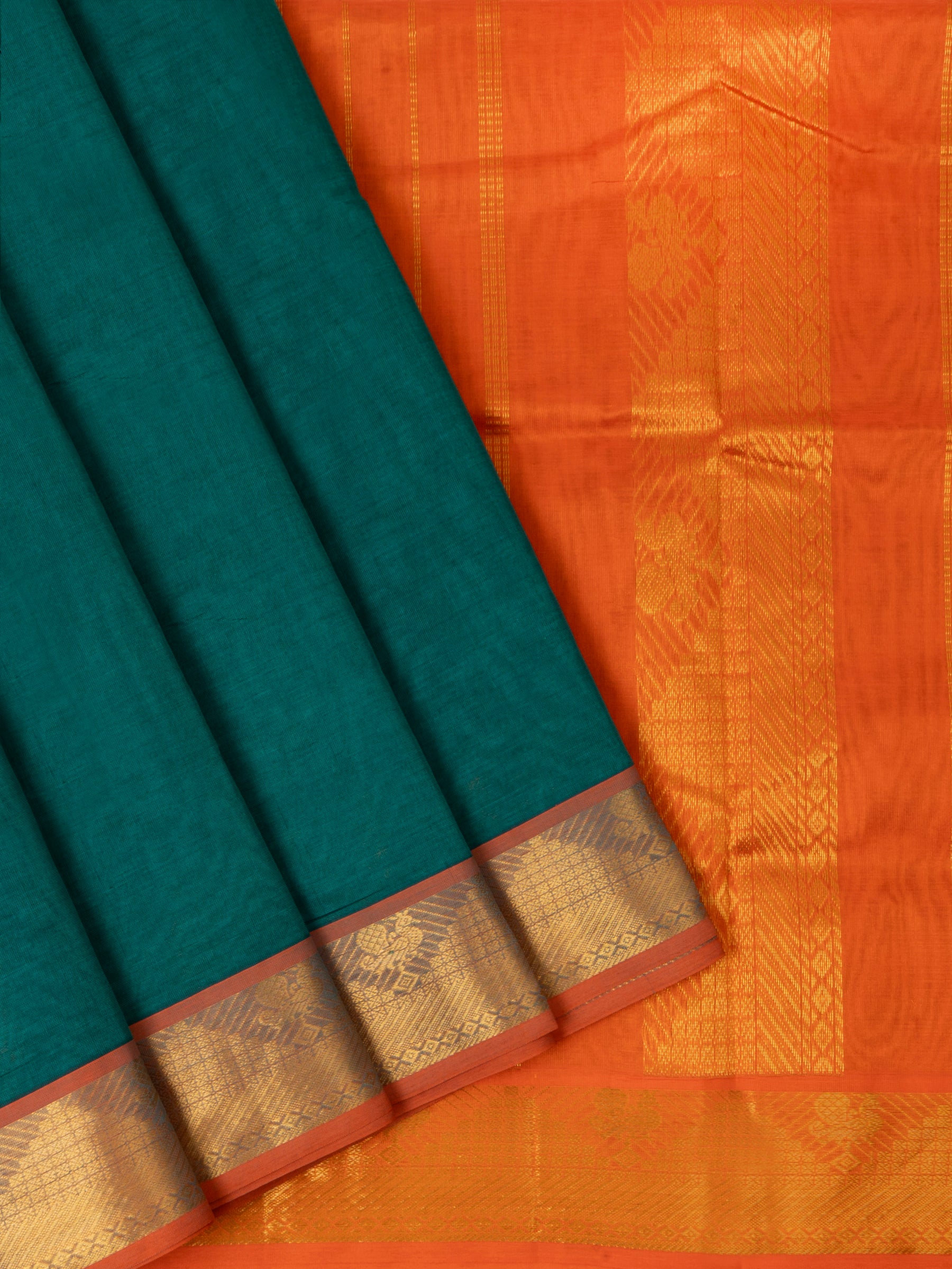 Peacock green and orange/ Silk Cotton Saree CLSA6052