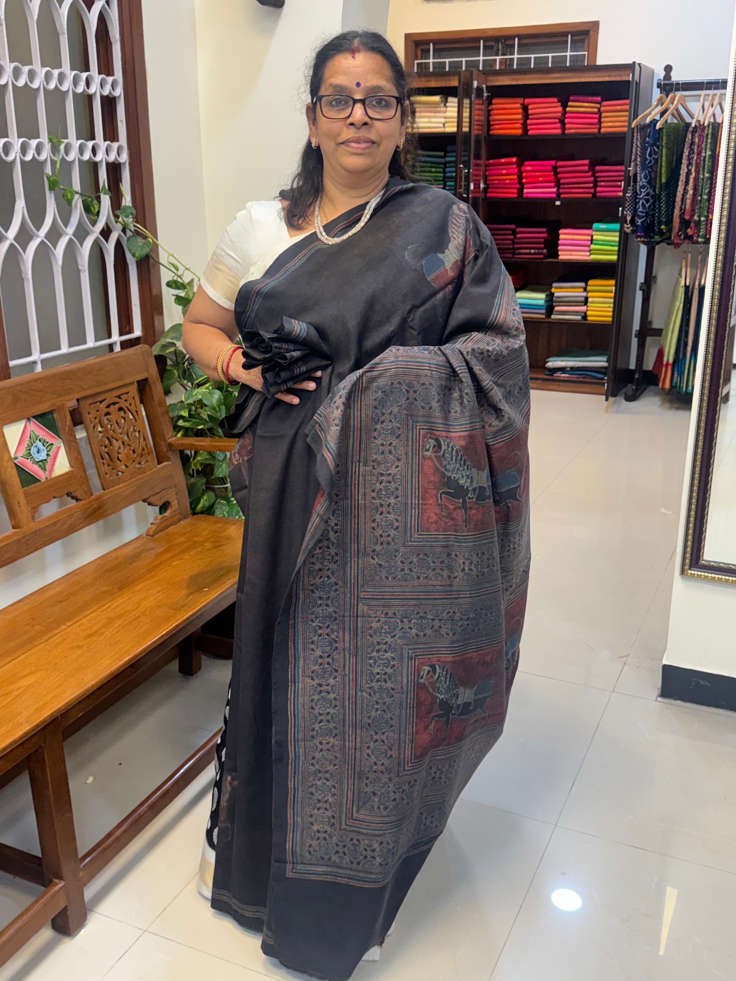 Black Horse printed Pracheen Ajrakh in pure silk