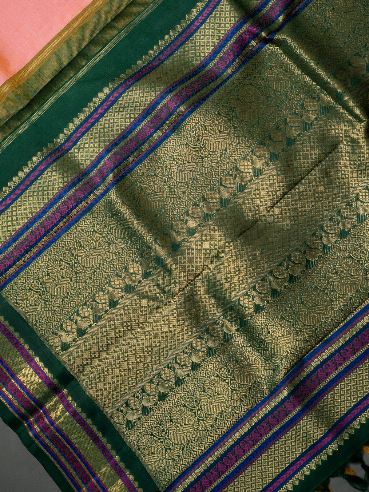 Peach pink and green kai korvai/ Kanjipuram Silk Saree CLSA280