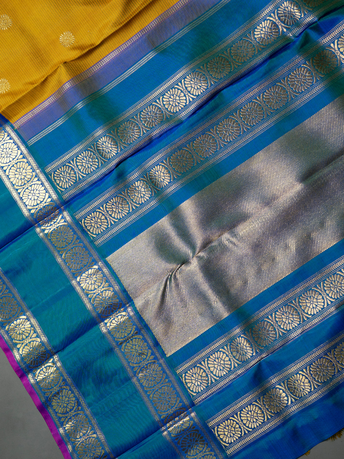 Mustard and teal blue rettapet border kai korvai/ Kanjipuram Silk Saree CLSA6084