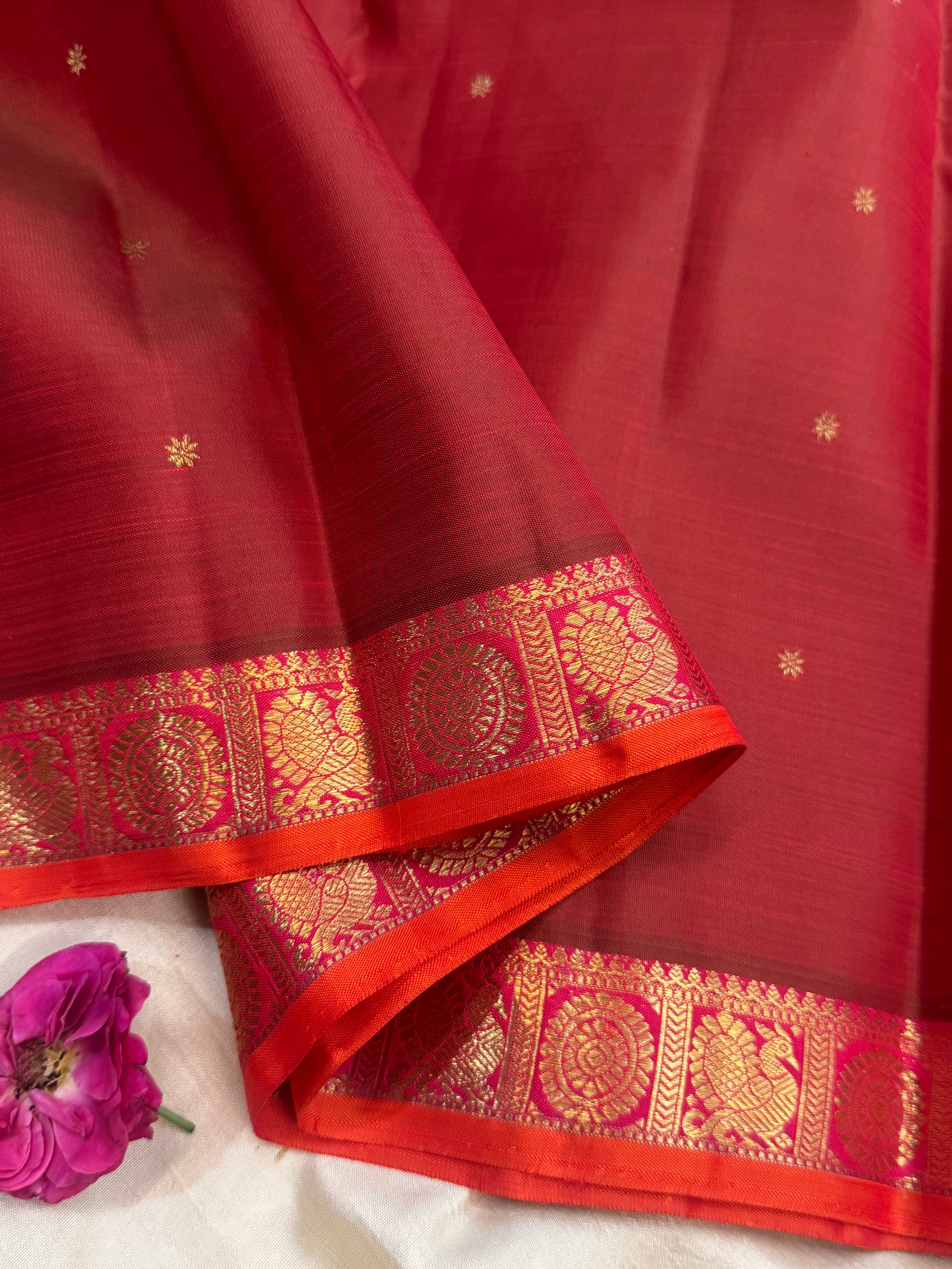 Manthulir pink border small border kanjipuram silk