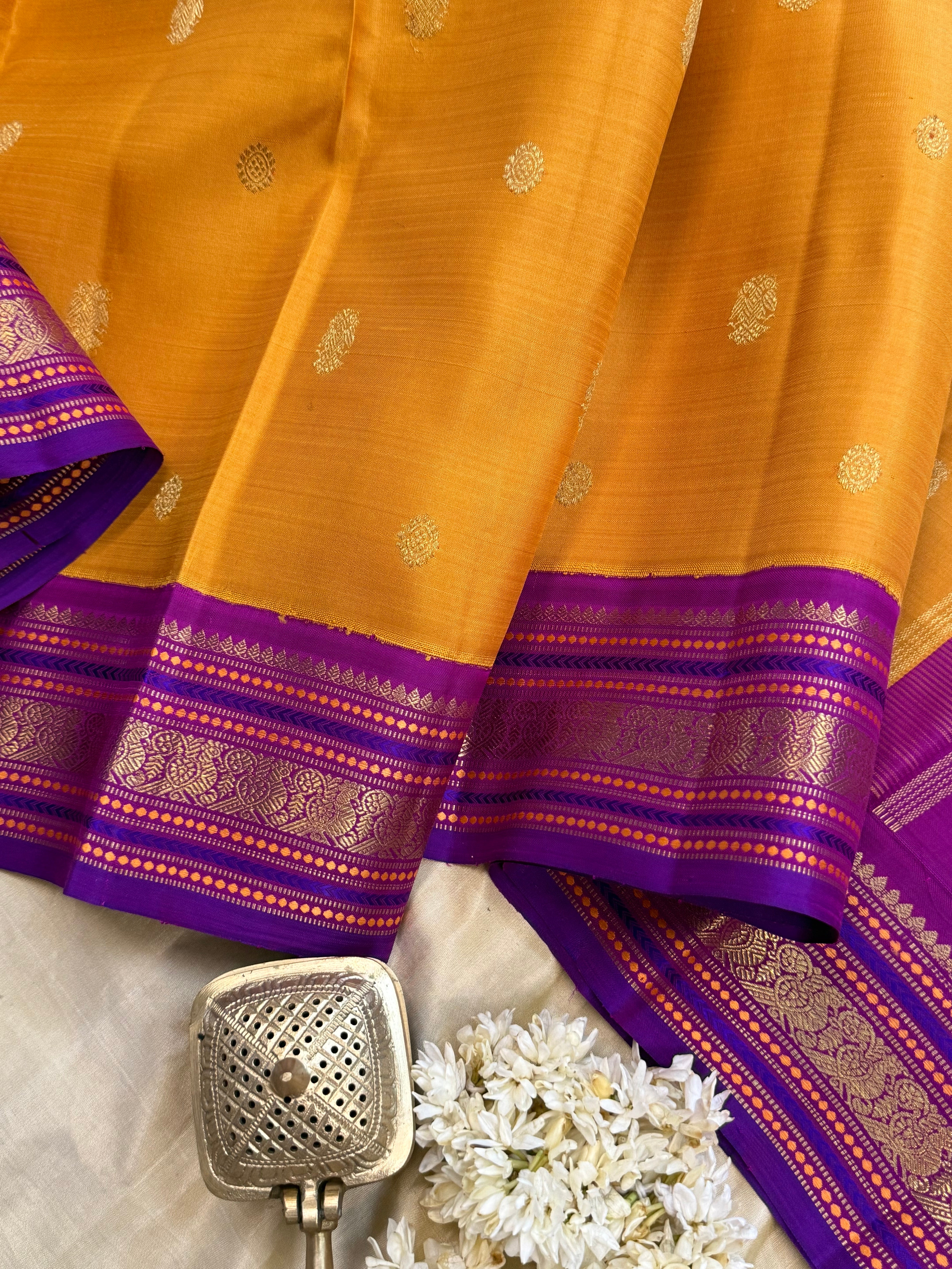 Mustard yellow and purple kai korvai/ Kanjipuram silk