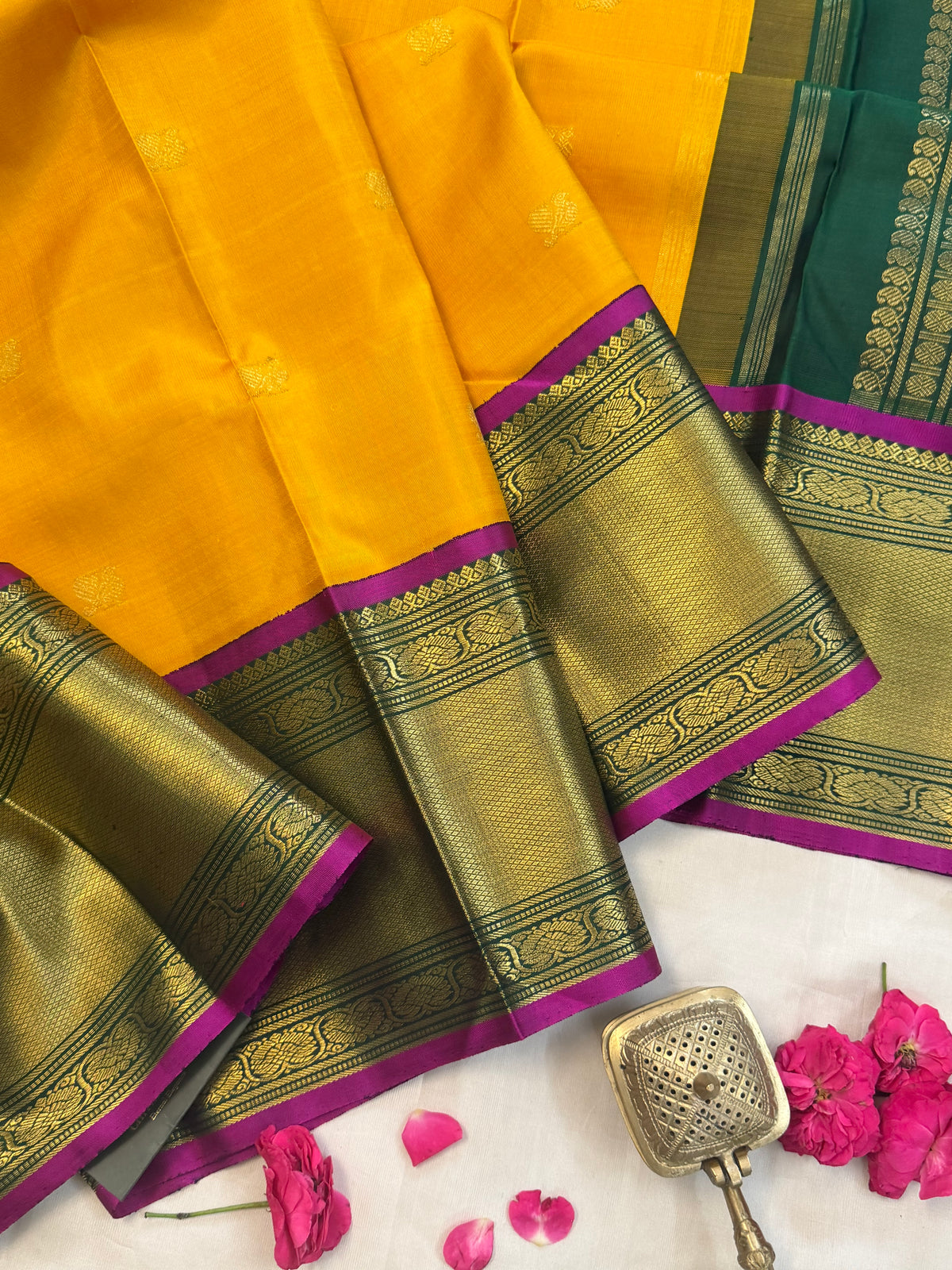 Yellow - Day 1 Navarthri colour pure Zari Kanjipuram silk / Golden yellow getti pet Korvai