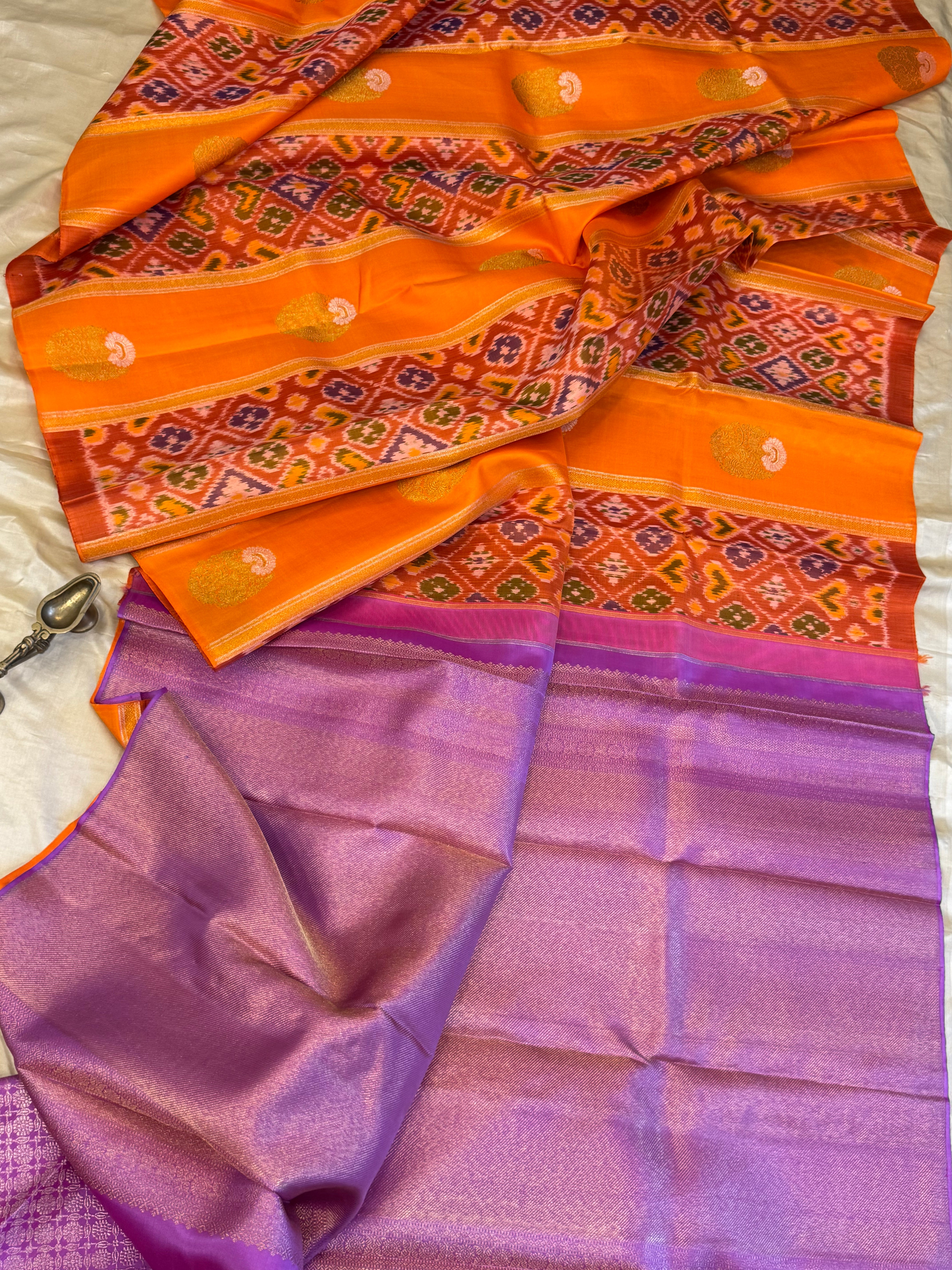 Orange Ikkat fusion kanjipuram saree