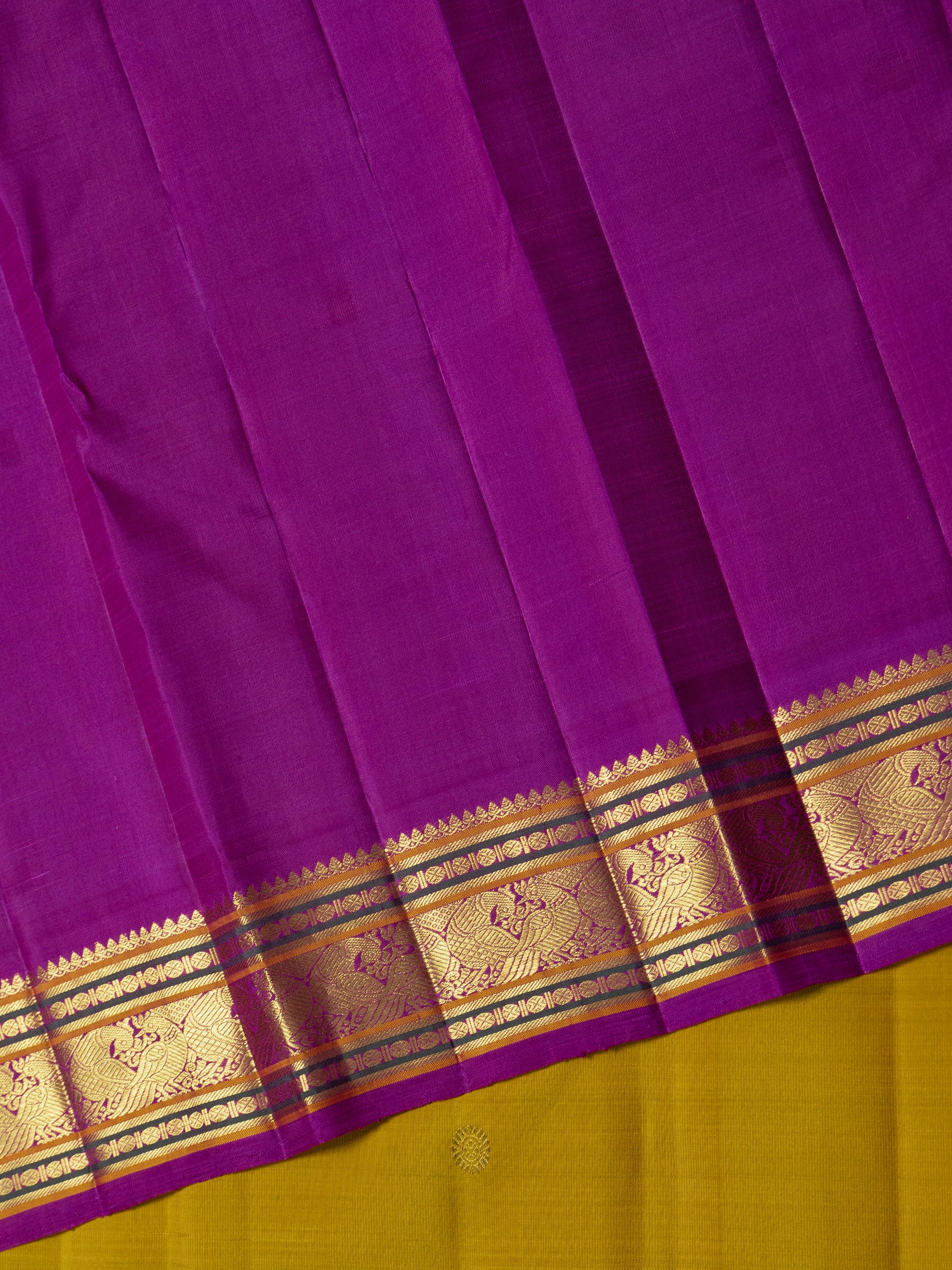 Sampanga and pink meenakari border and pallu kai korvai/ Kanjipuram Saree CLSA10052