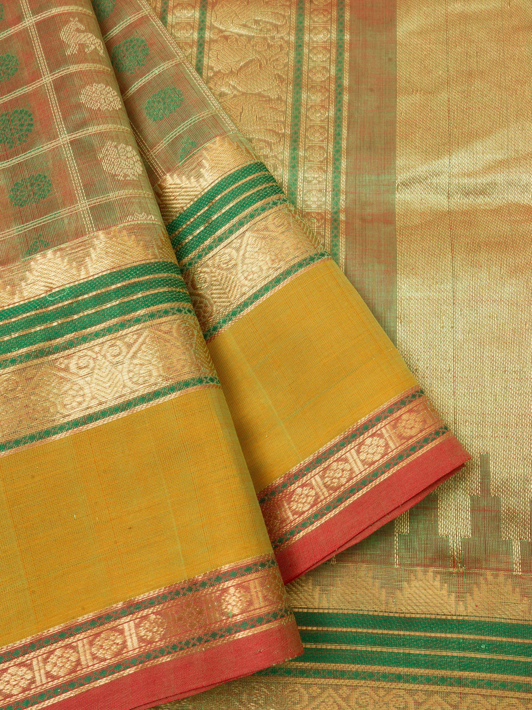 Green shot mustard kattam / Silk Cotton Saree CLSA4700