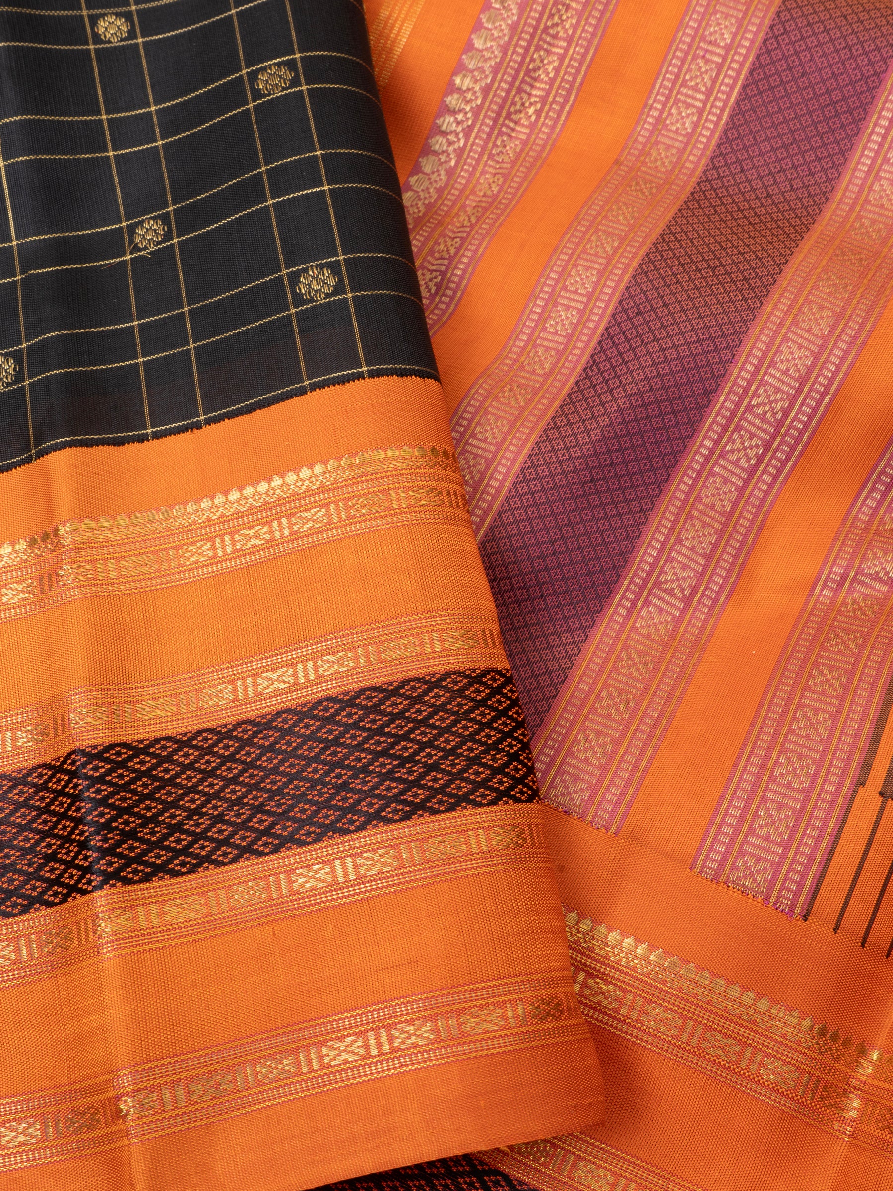 Revival black checks and orange kai korvai / Kanjipuram Silk Saree CLSA4789