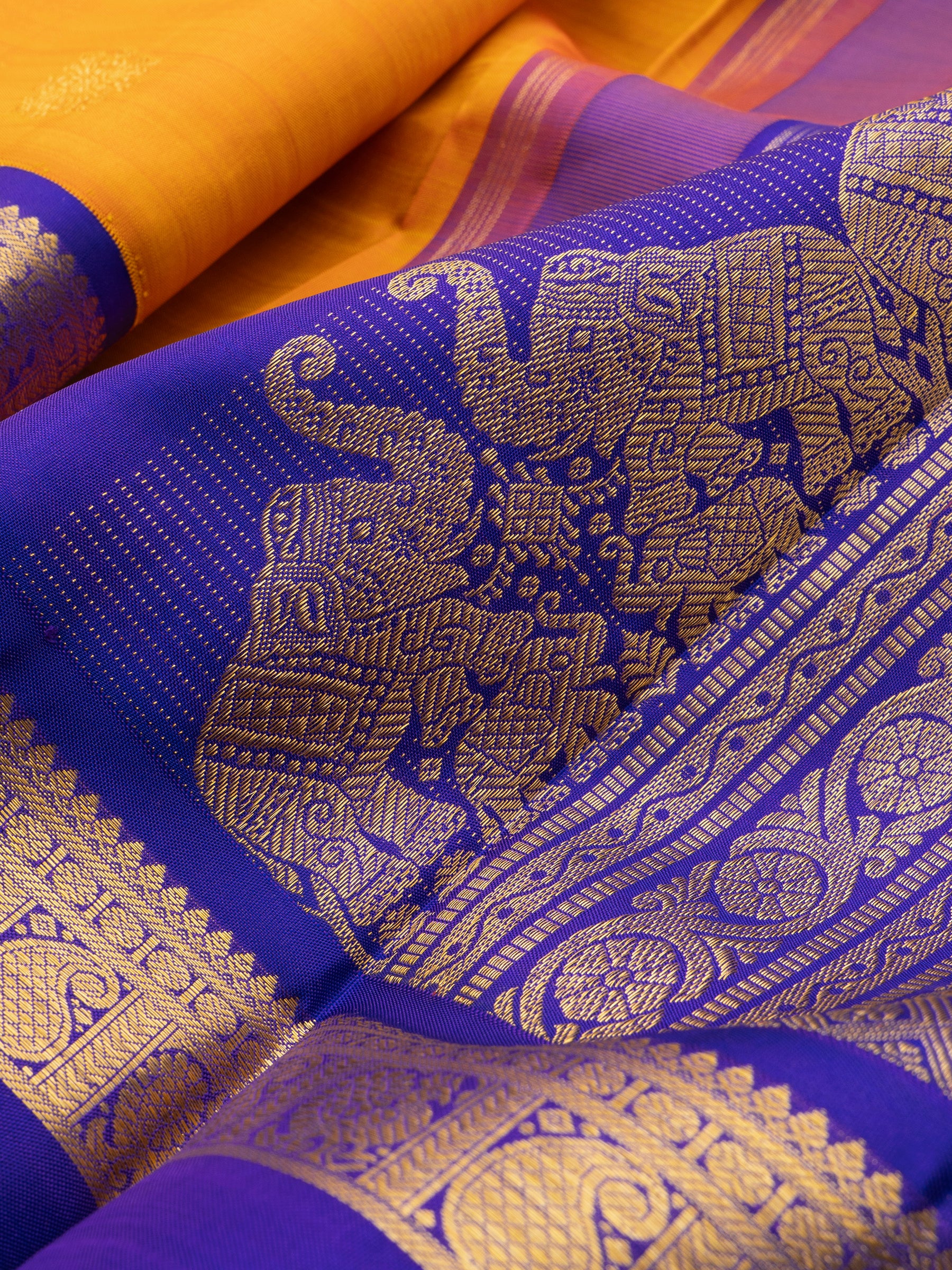 Mustard yellow and ink blue rettapet border/Arani Silk Saree CLSA6984