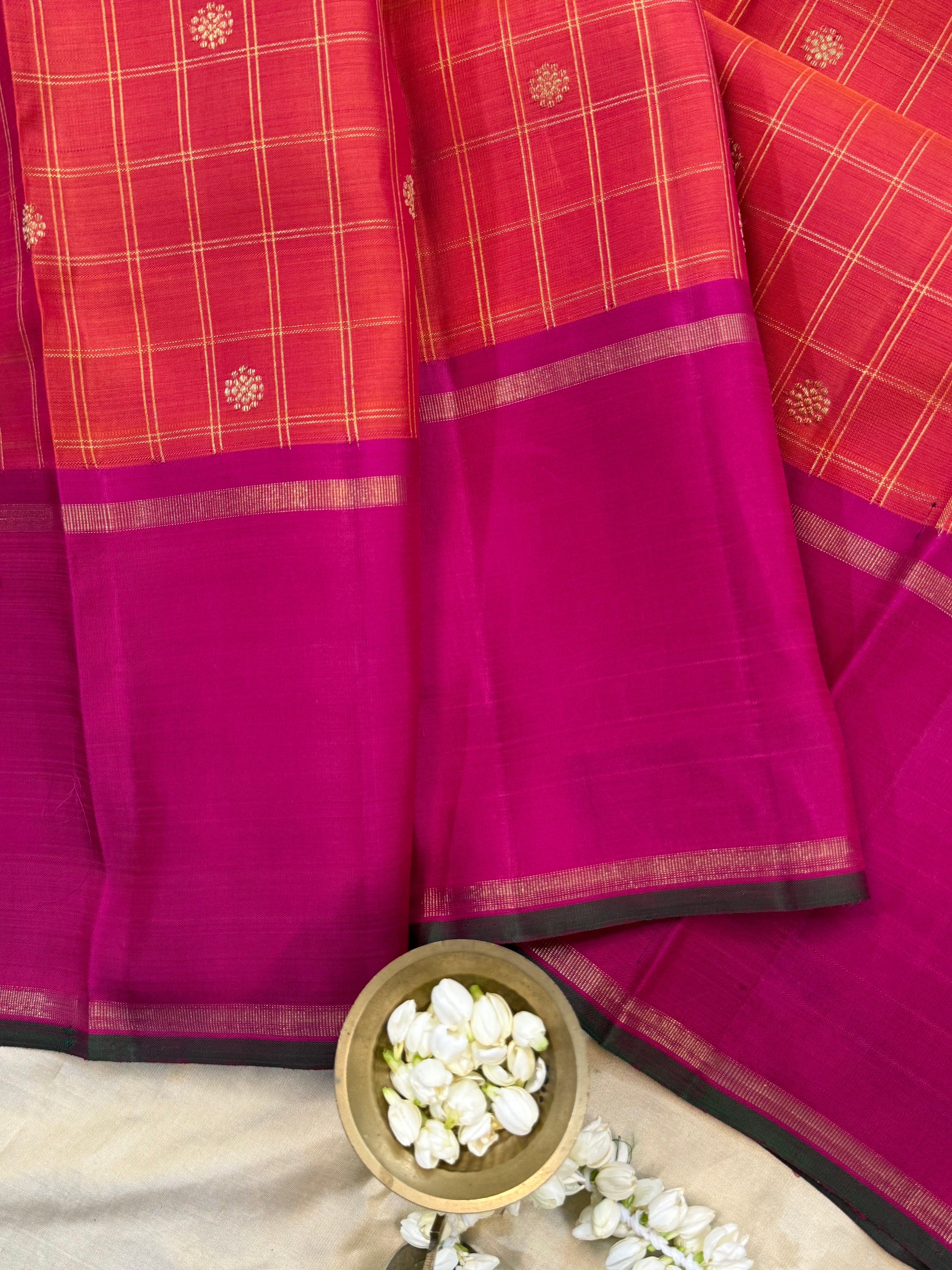 Orange kattam butta and pink / Kanjipuram silk