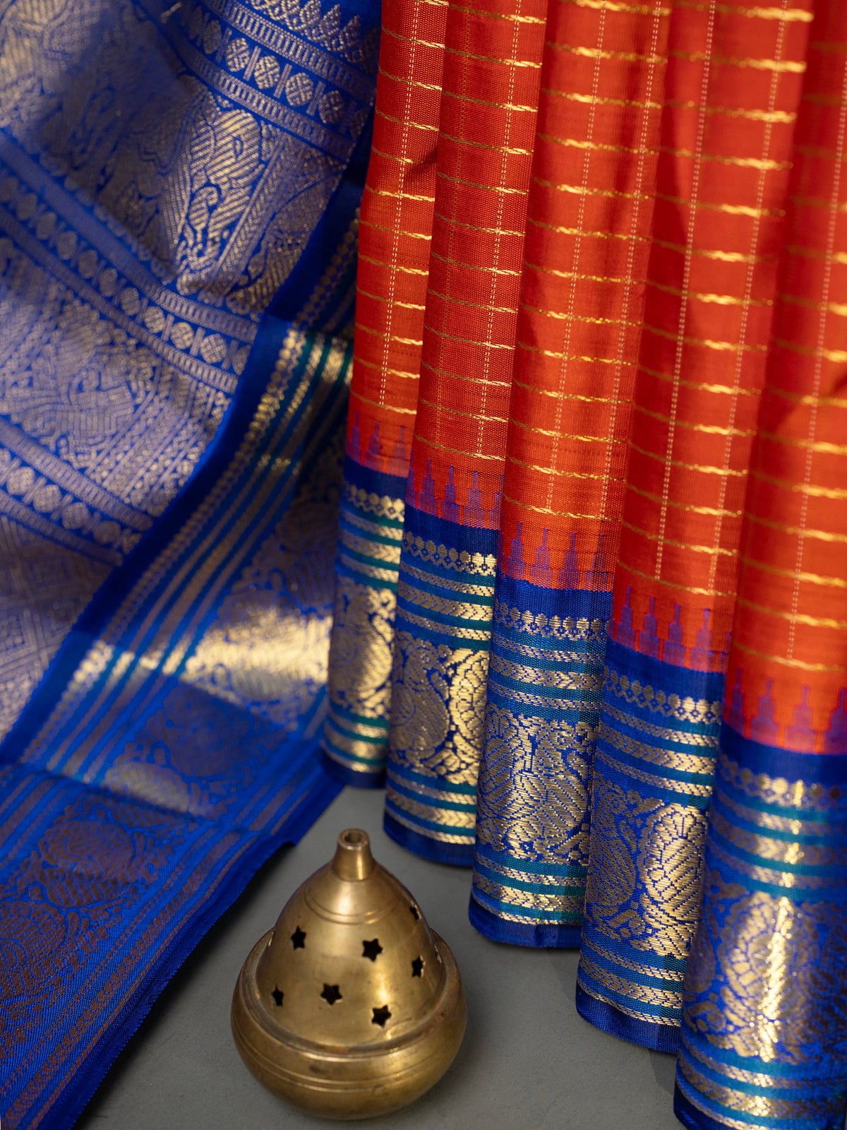 Orange Zari Kattam Korvai Pure Kanjipuram Silk Saree CLSA11283