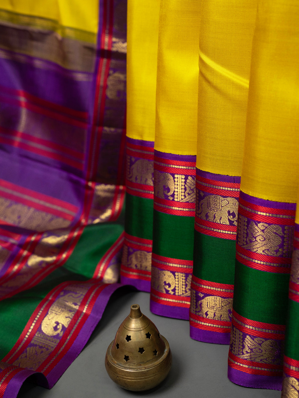 Yellow and green purple rettapet border kai korvai/ Kanjipuram Silk Saree CLSA11707
