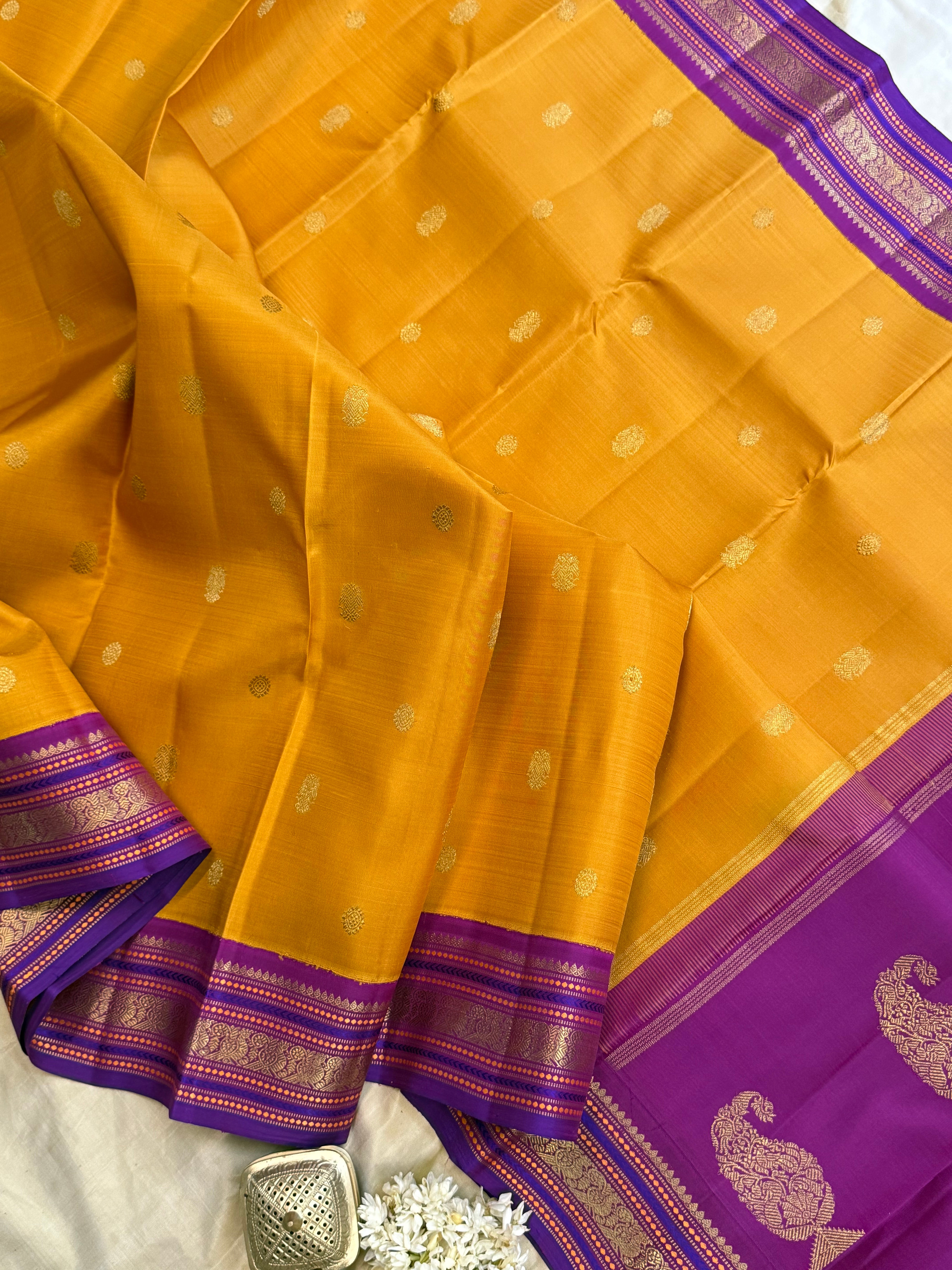 Mustard yellow and purple kai korvai/ Kanjipuram silk
