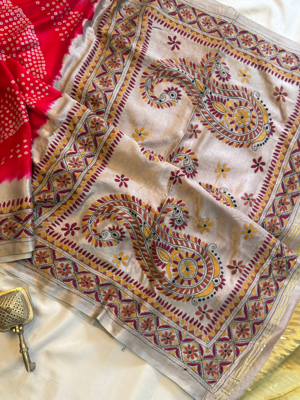 Reddish orange Bandhini with Kantha work in gajji silk