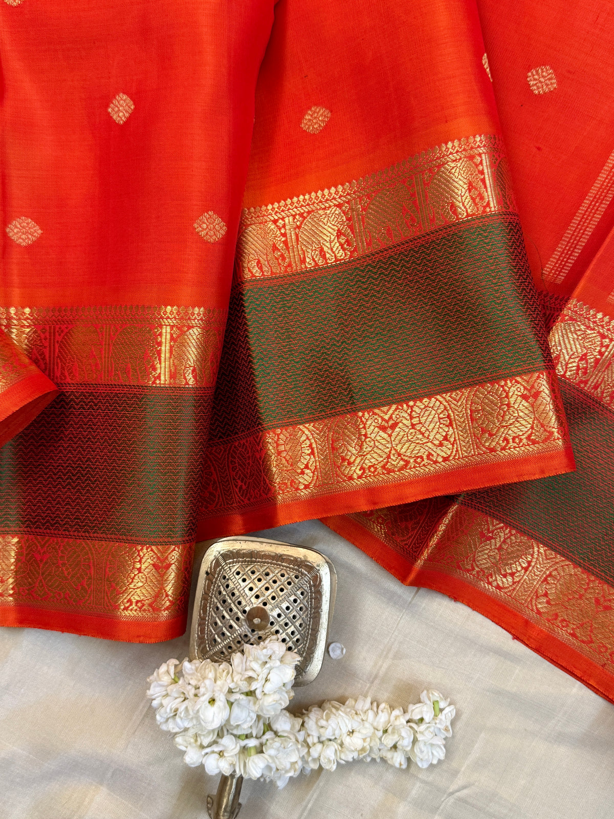 Navarathri - Day 5 Orange Colour pure Zari butta getti border /Kanjipuram silk sree Clsa6000