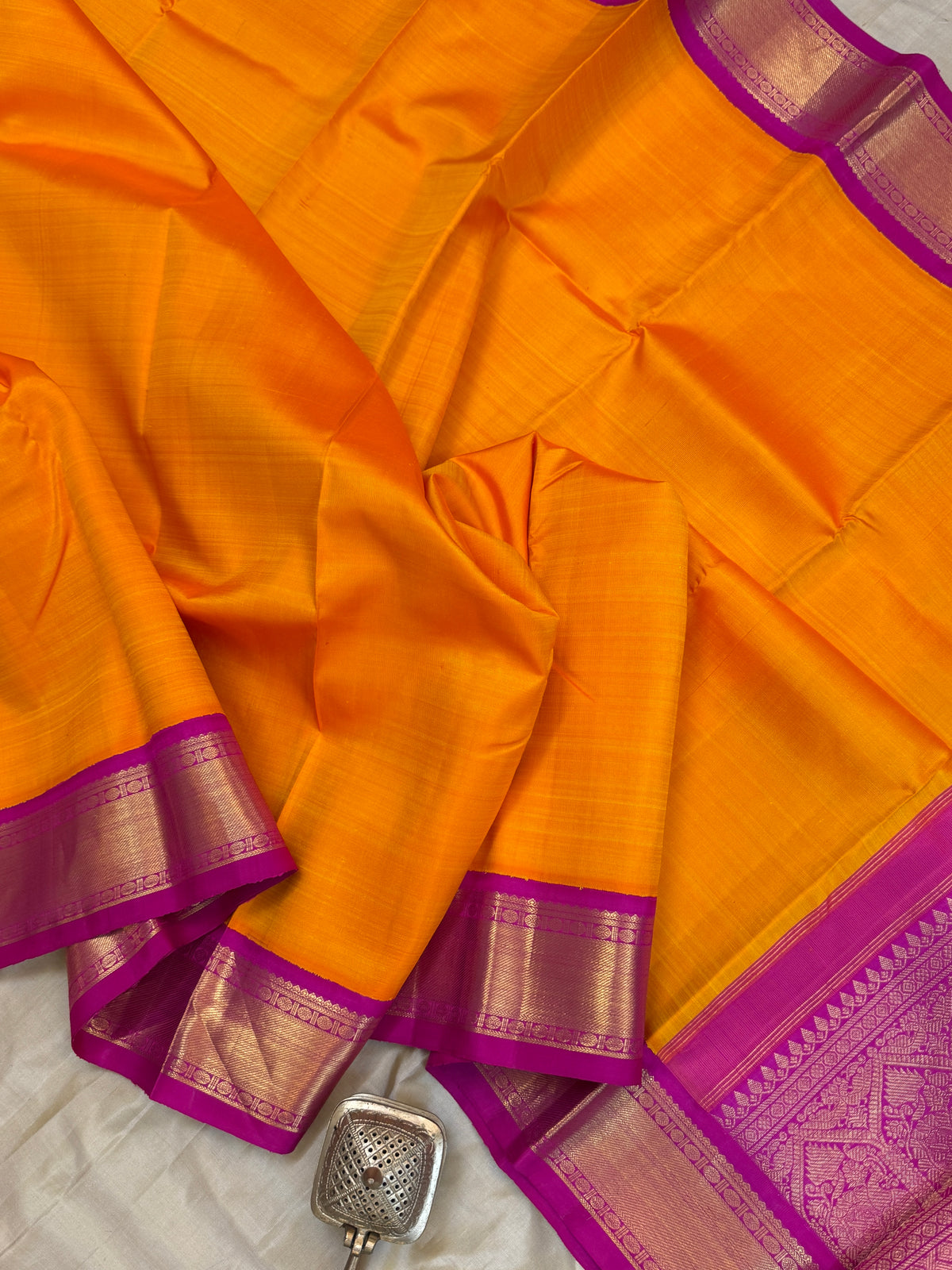 Mango yellow and pink border Korvai/Aarani silk saree clsa 6689