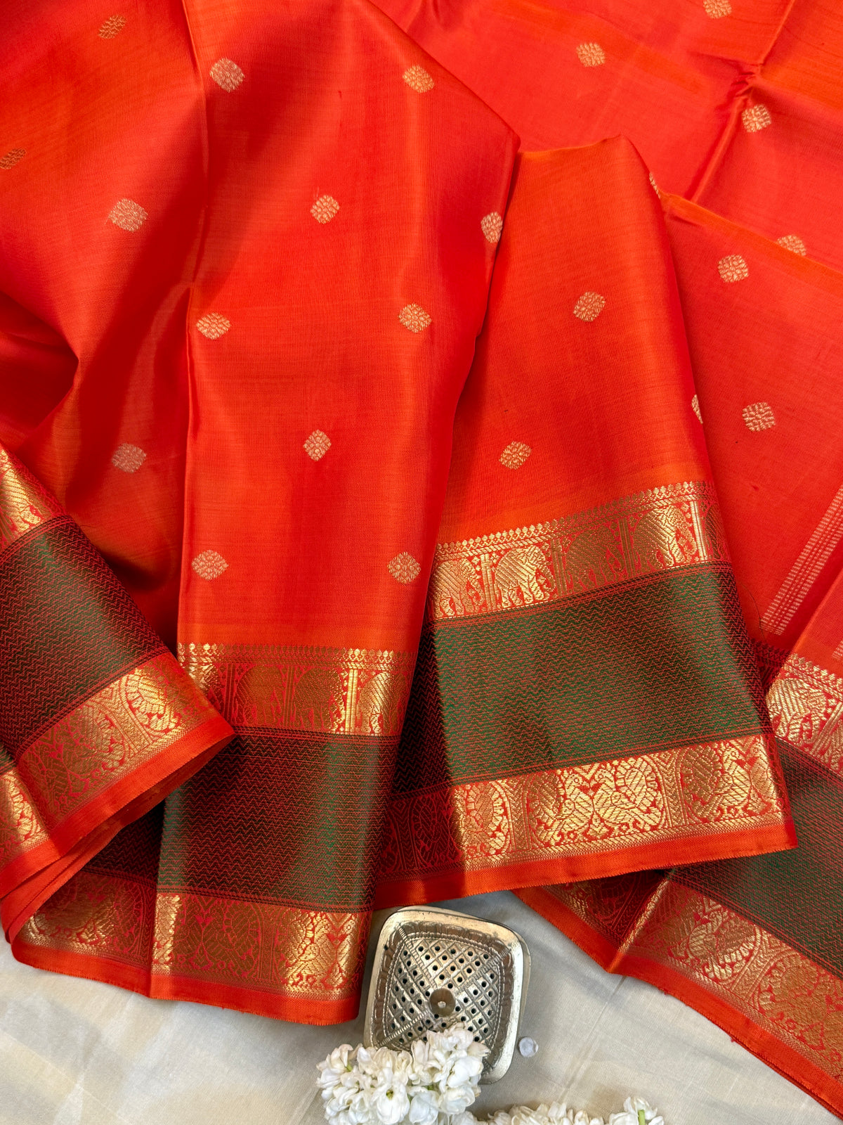 Navarathri - Day 5 Orange Colour pure Zari butta getti border /Kanjipuram silk sree Clsa6000