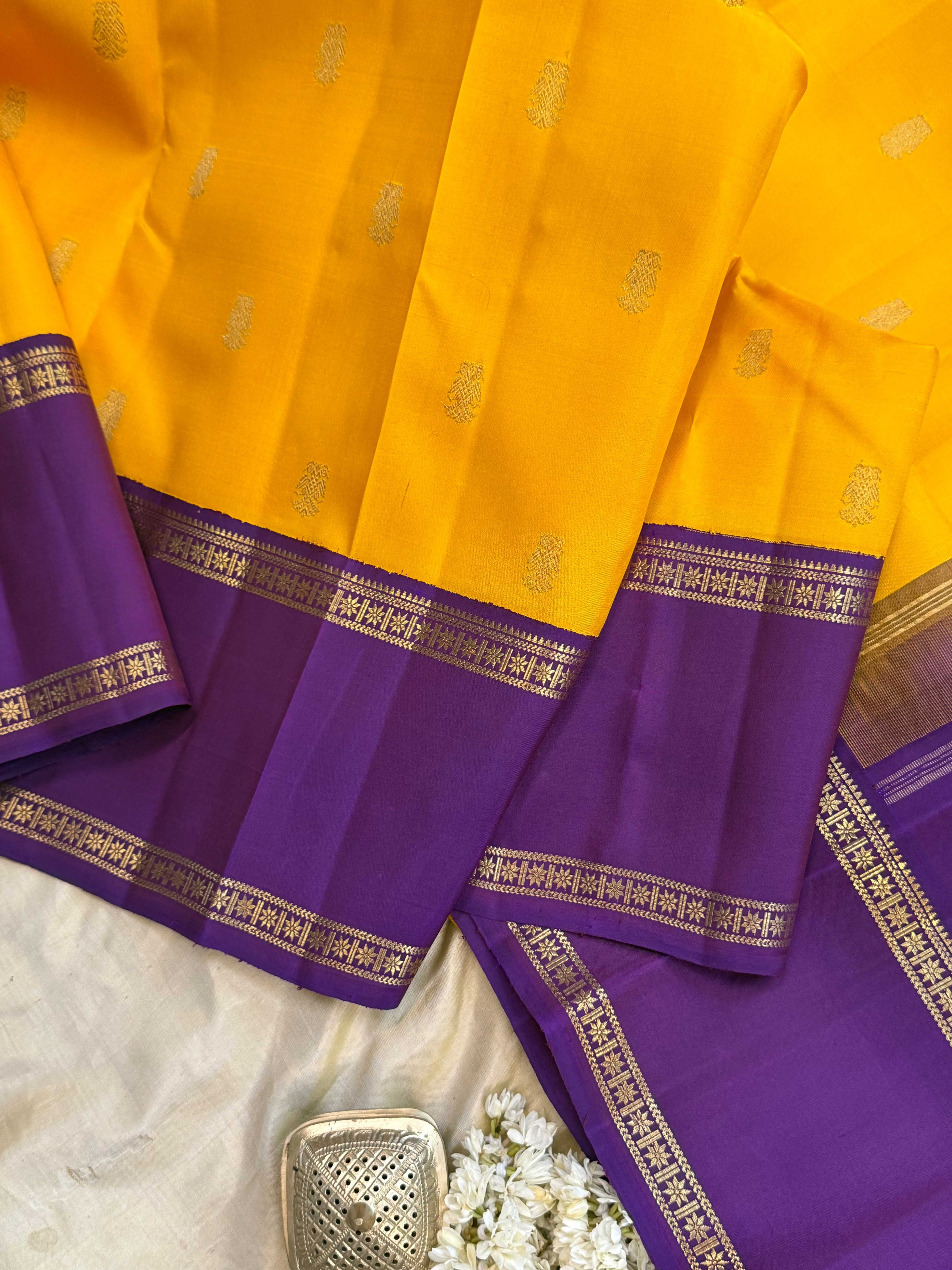 Manjal and purple rettapet border kai korvai/ Kanjipuram silk