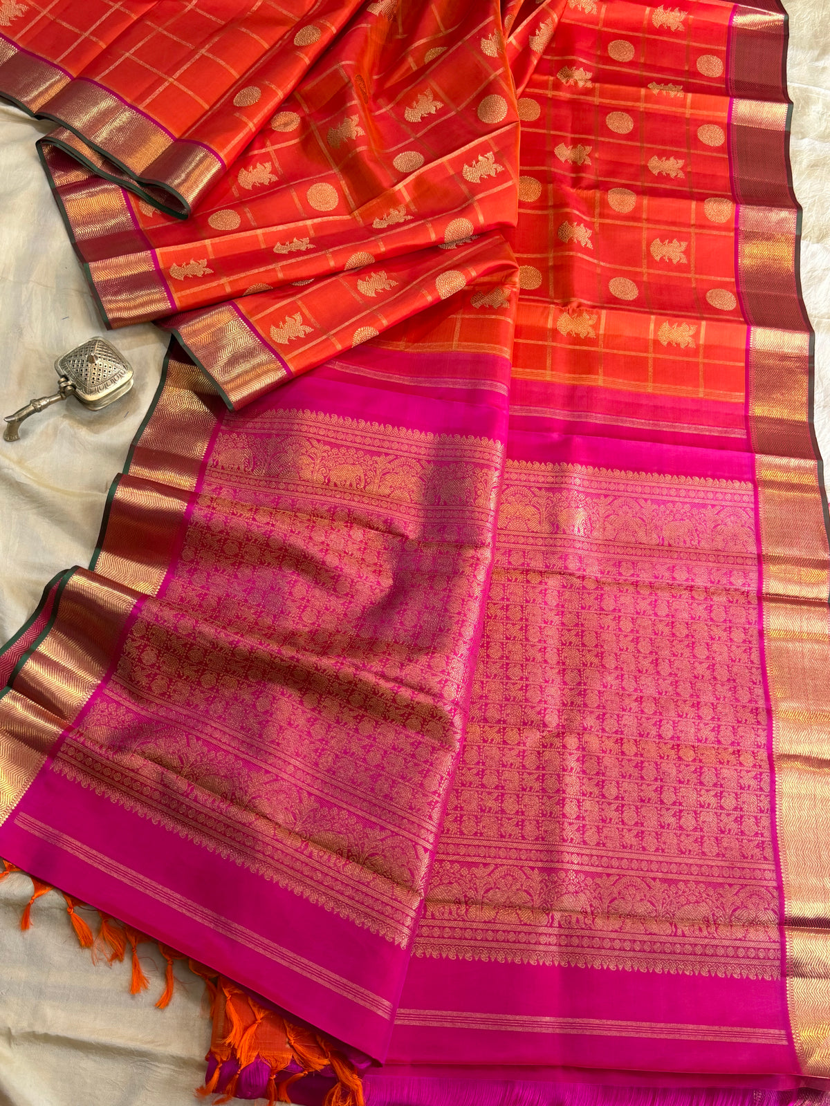 Orange Zari Kattam - pure Zari Kanjipuram silk