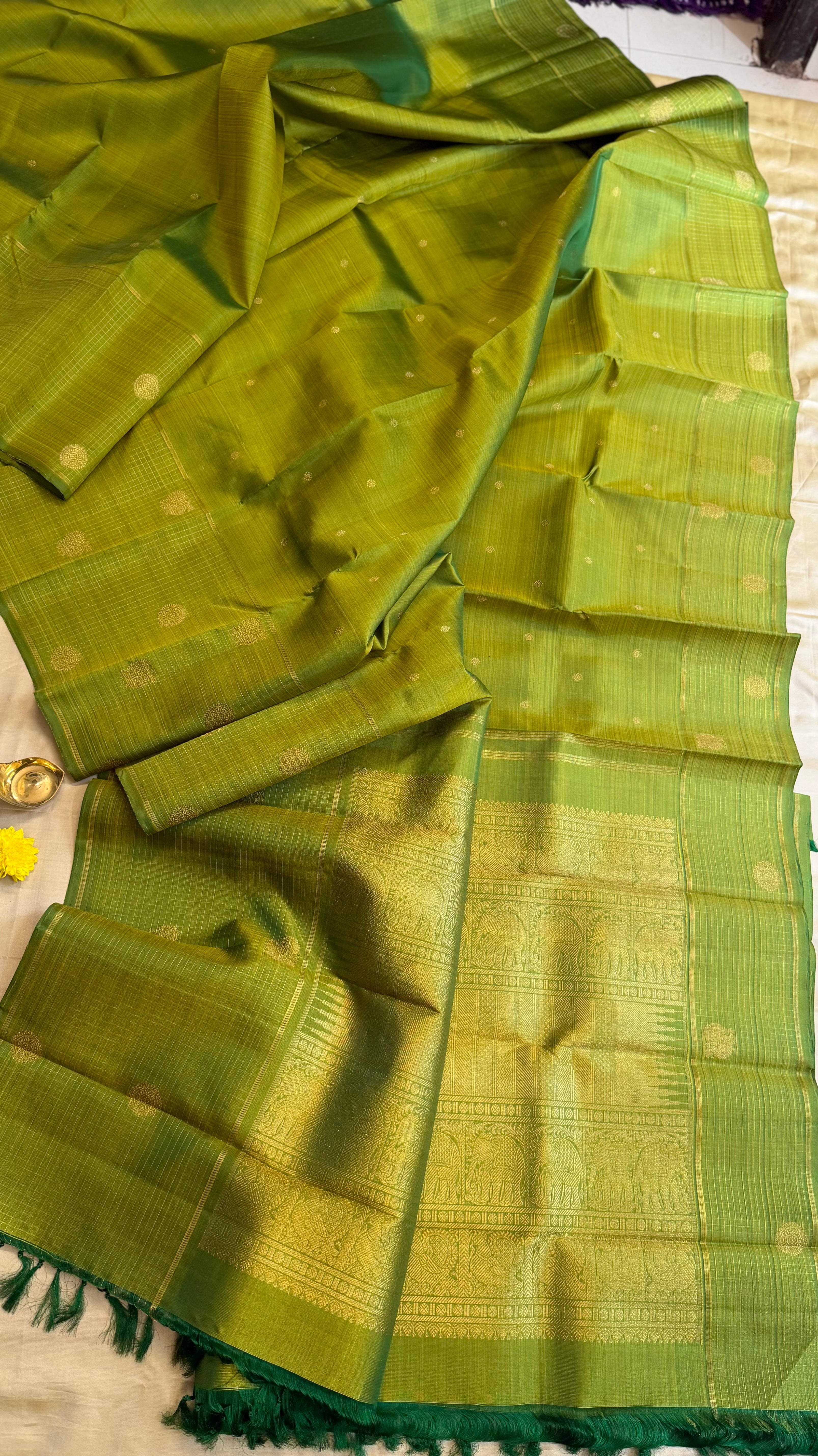 Green long checked border / Kanjipuram Silk