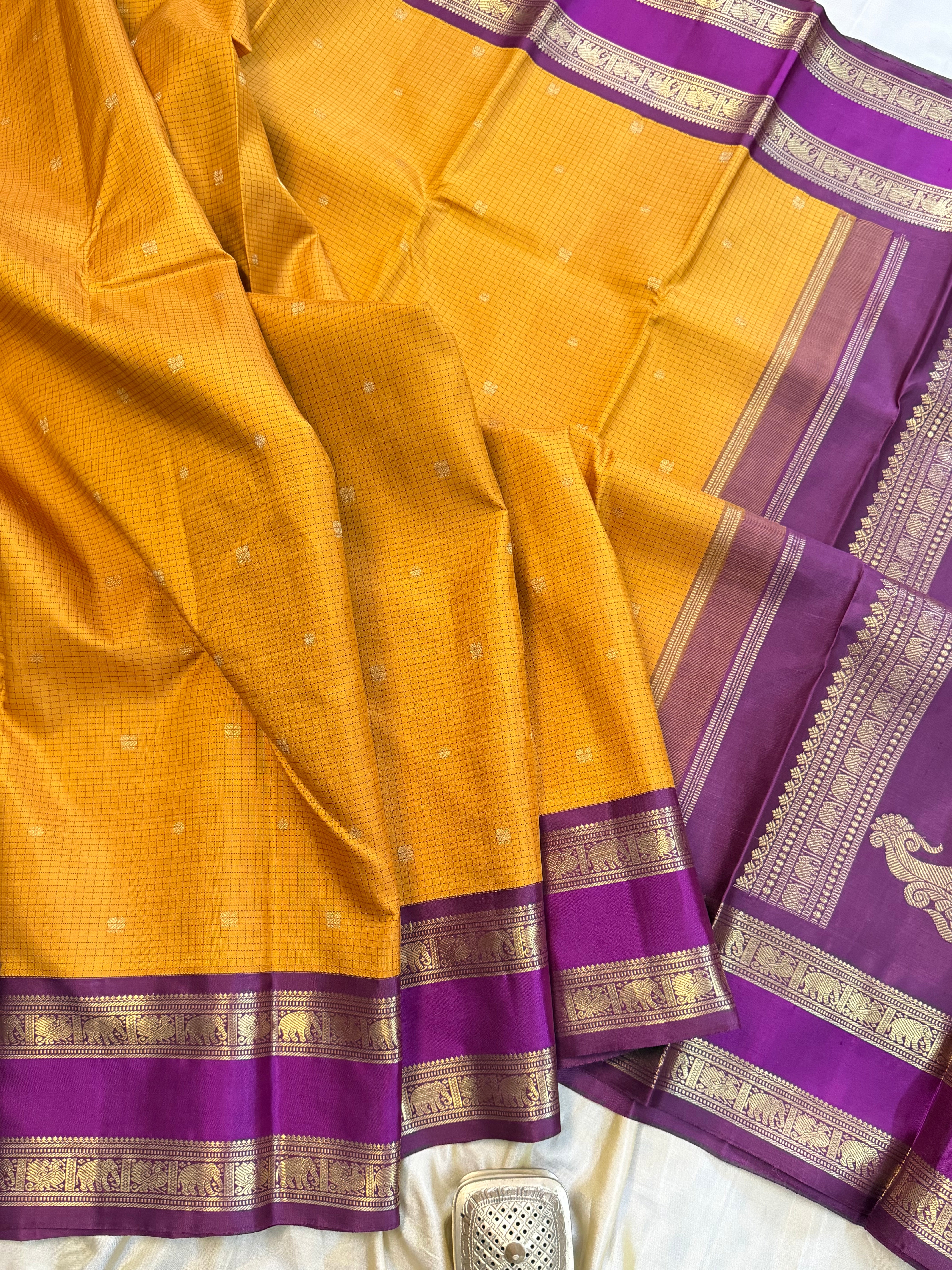 Mustard vintage retta pet Korvai / pure Kanjipuram silk