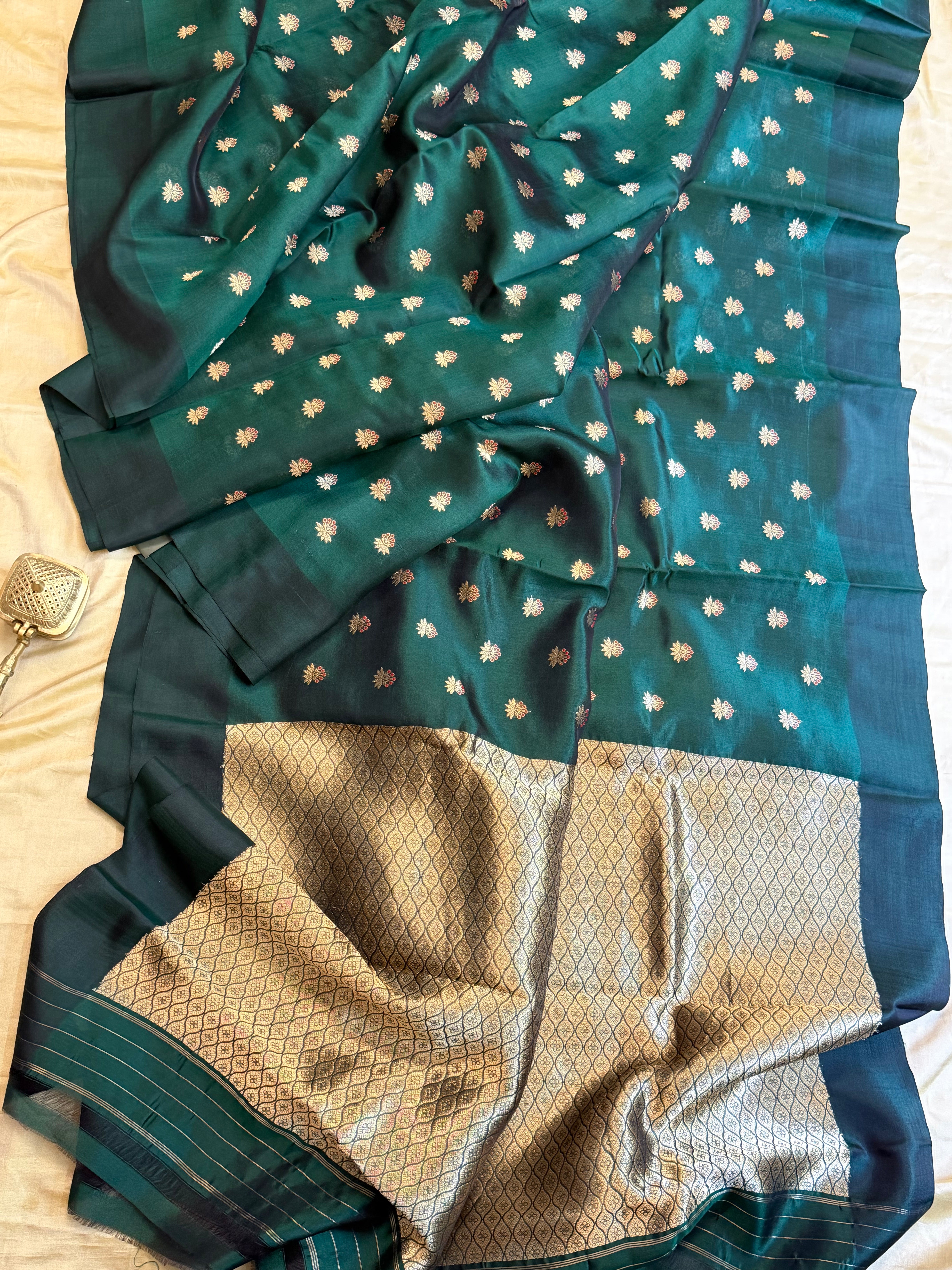 Dark bottle green meenakari hazar / revival Chanderi silk