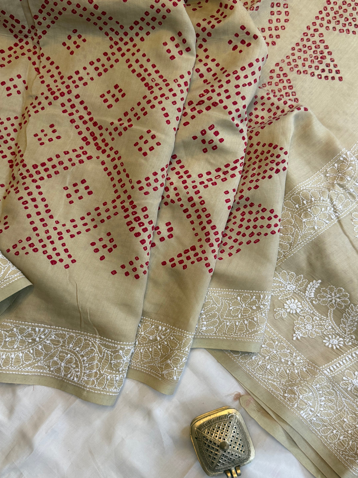 Tussar Bandhini with Chikankari work in silk