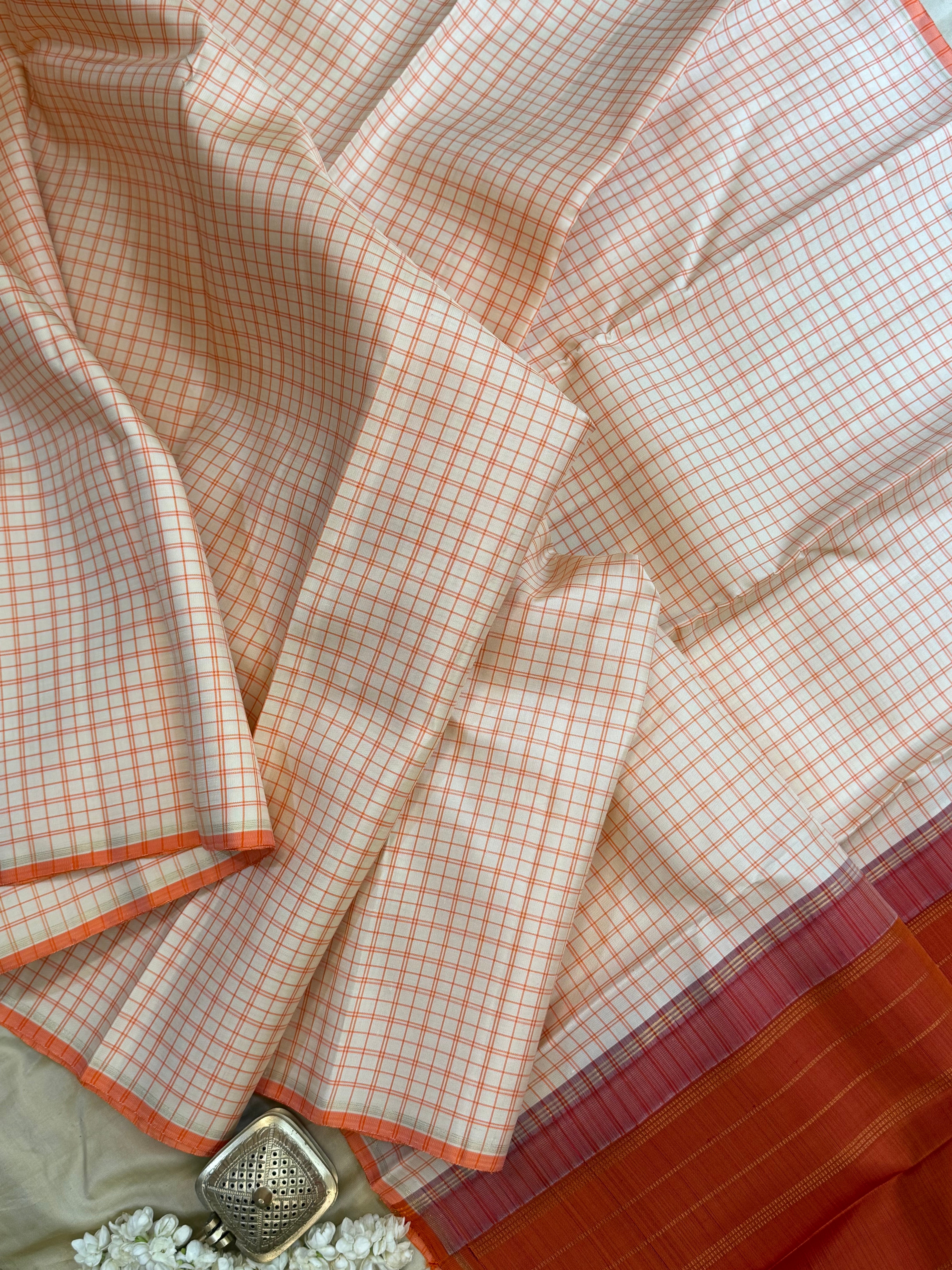 Offwhite and orange checks / Kanjipuram silk