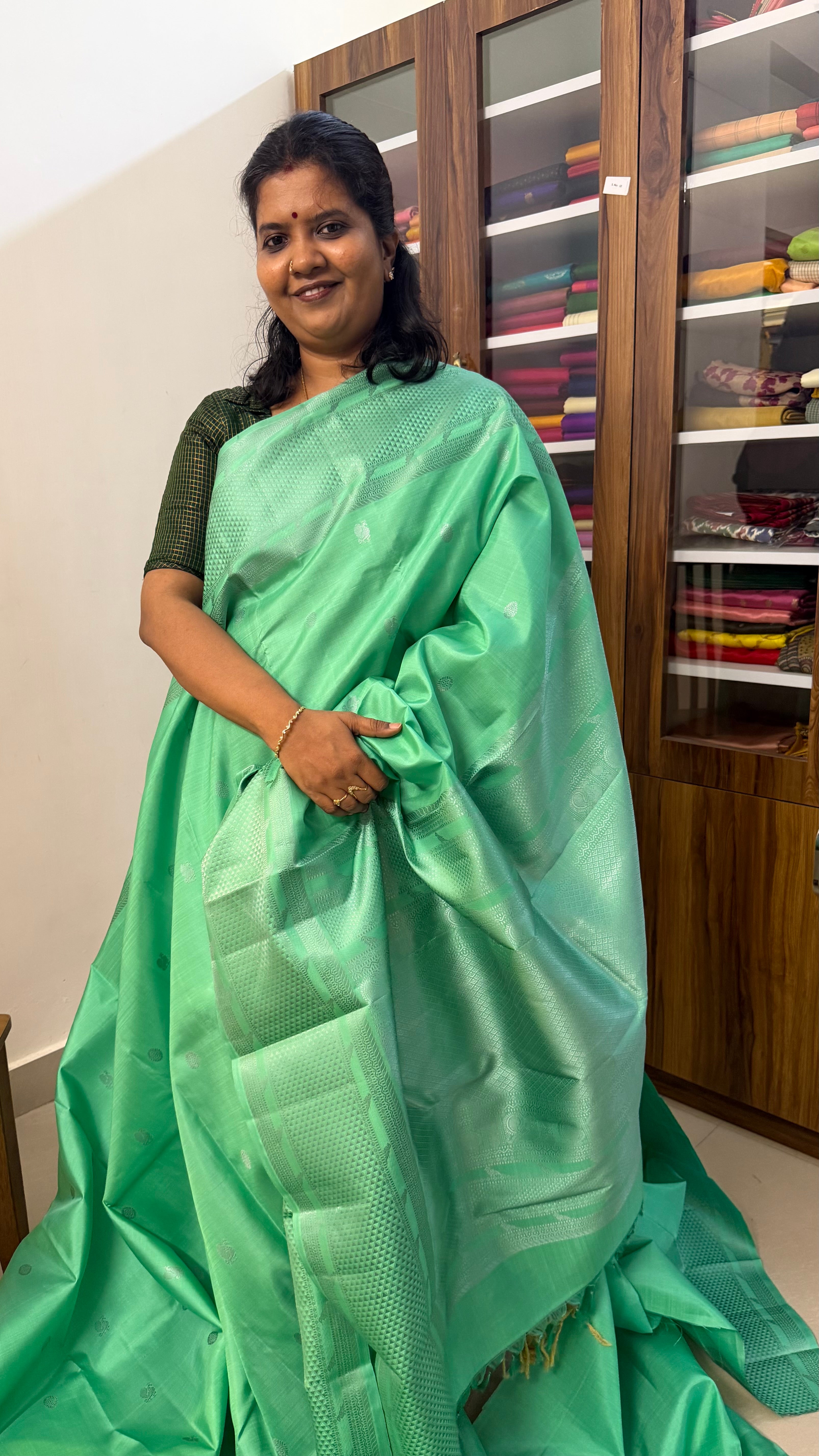 Apple green Kili thread work Kanjipuram silk