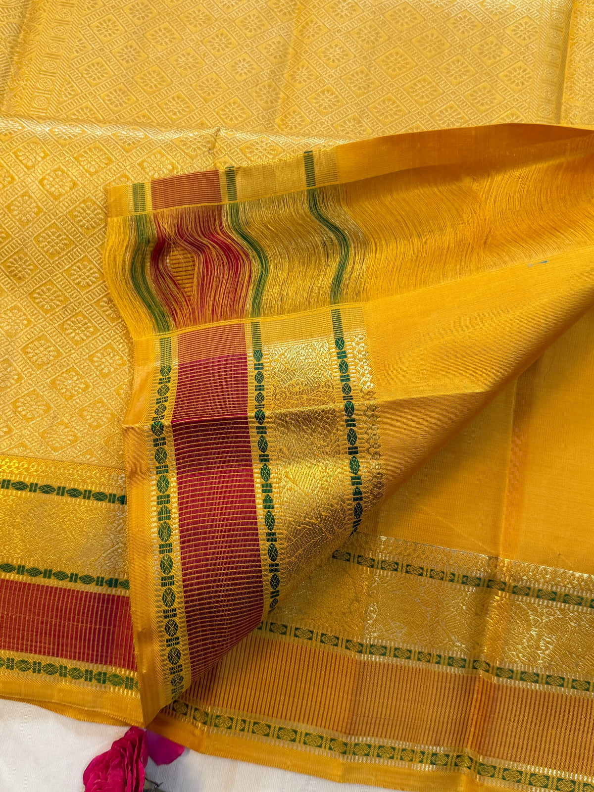 Yellow - Day 1 Navarthri colour pure Zari Kanjipuram silk / Meena work Butta