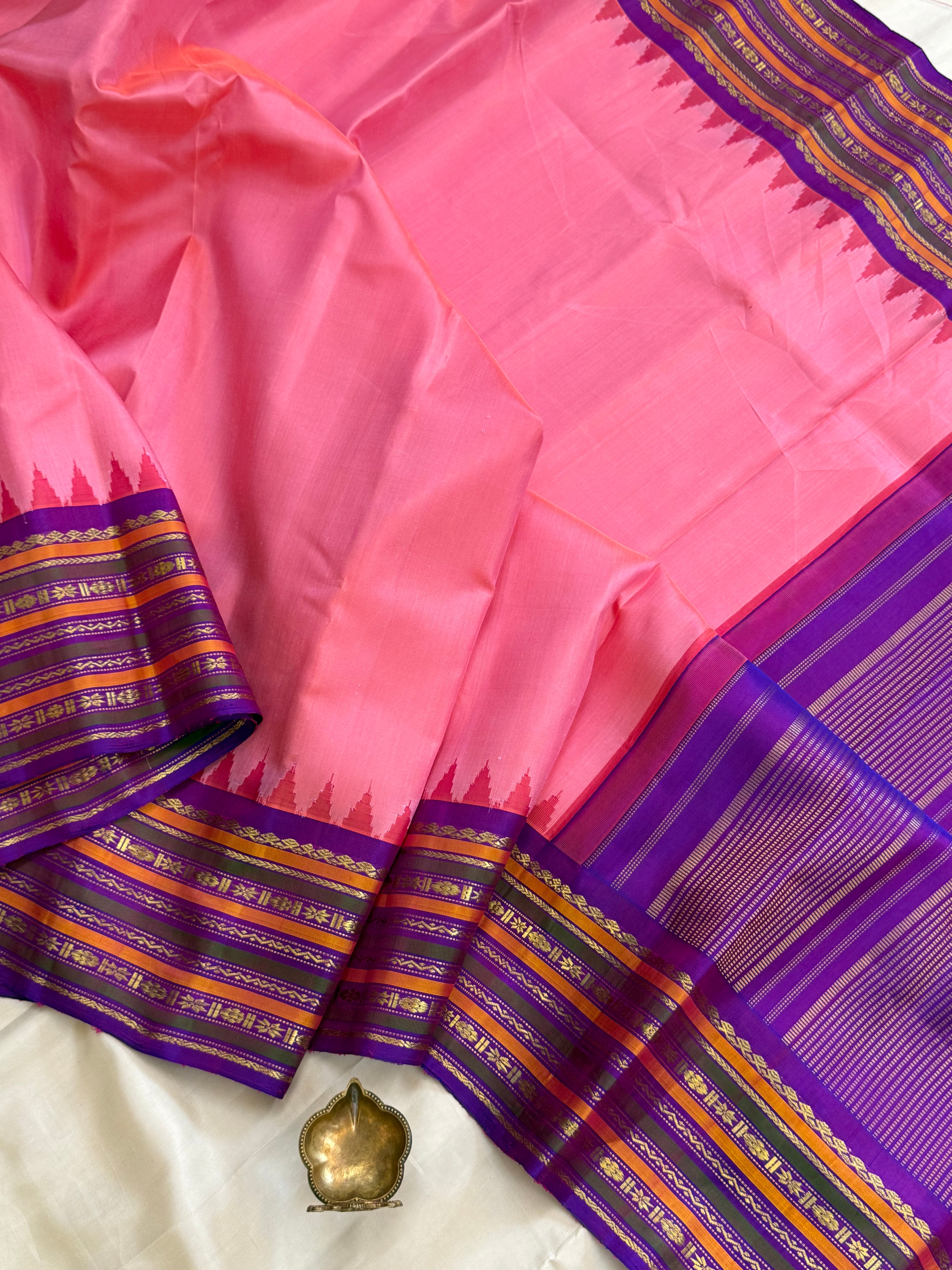 Peach pink with purple temple border/ Gadwal silk CLSA11295