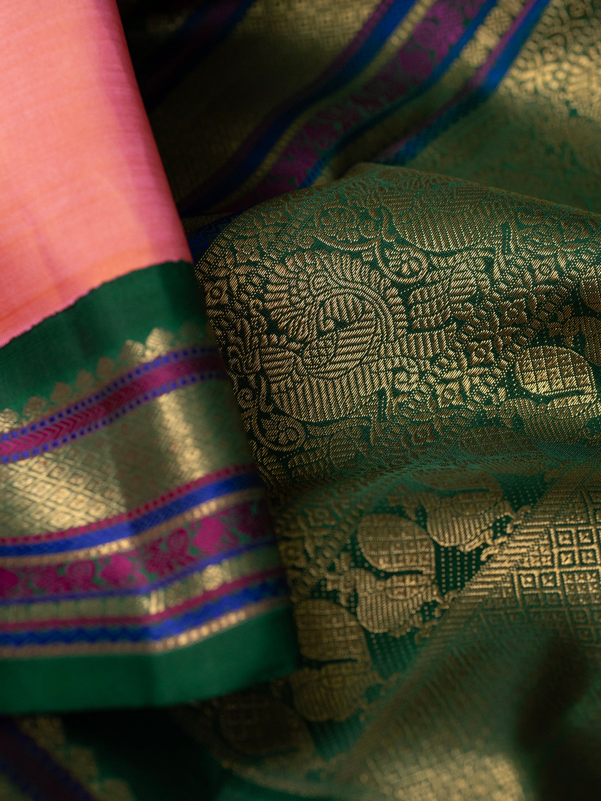 Peach pink and green kai korvai/ Kanjipuram Silk Saree CLSA280