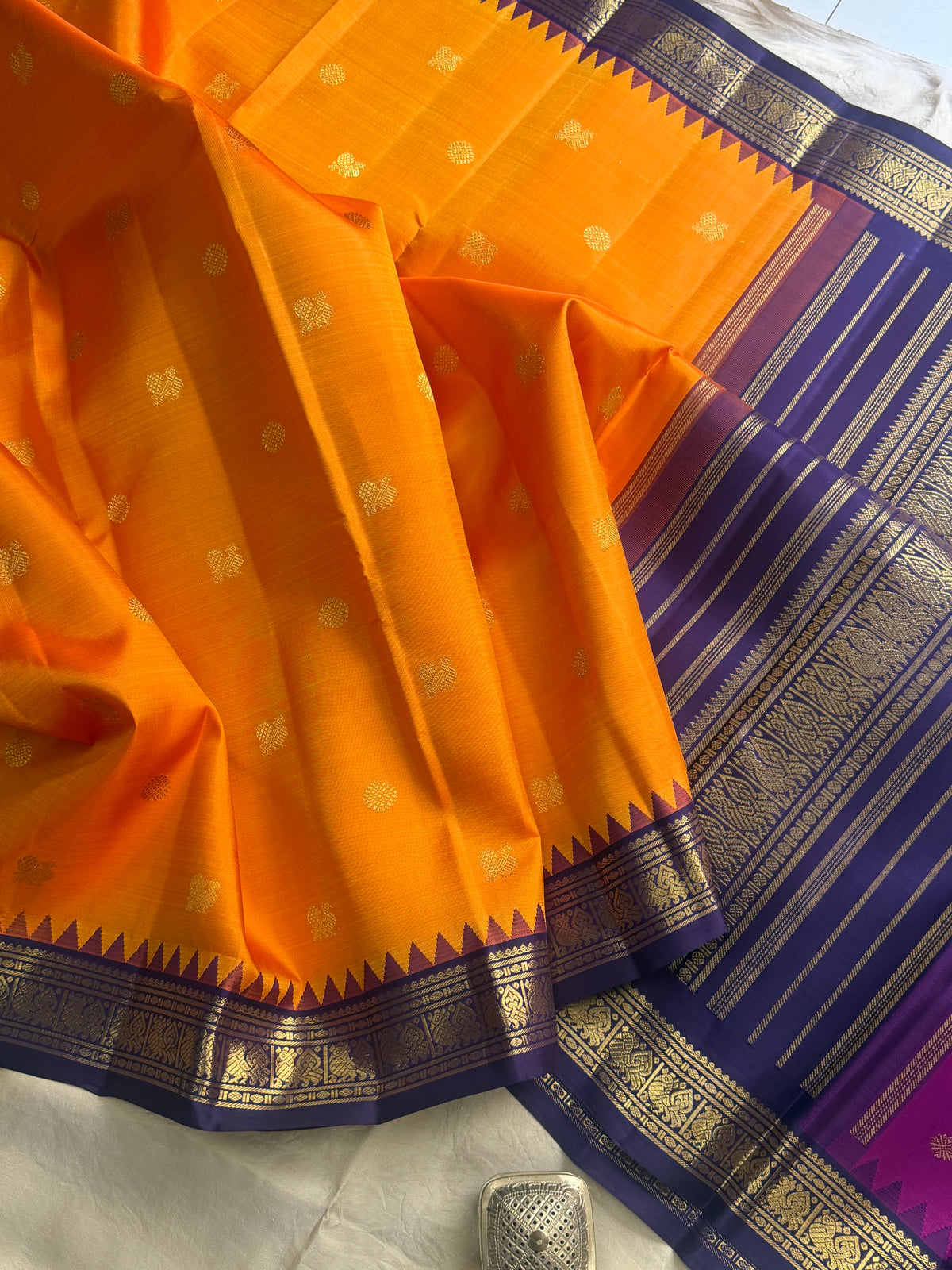 Mango yellow concept triple palla Korvai Kanjipuram silk