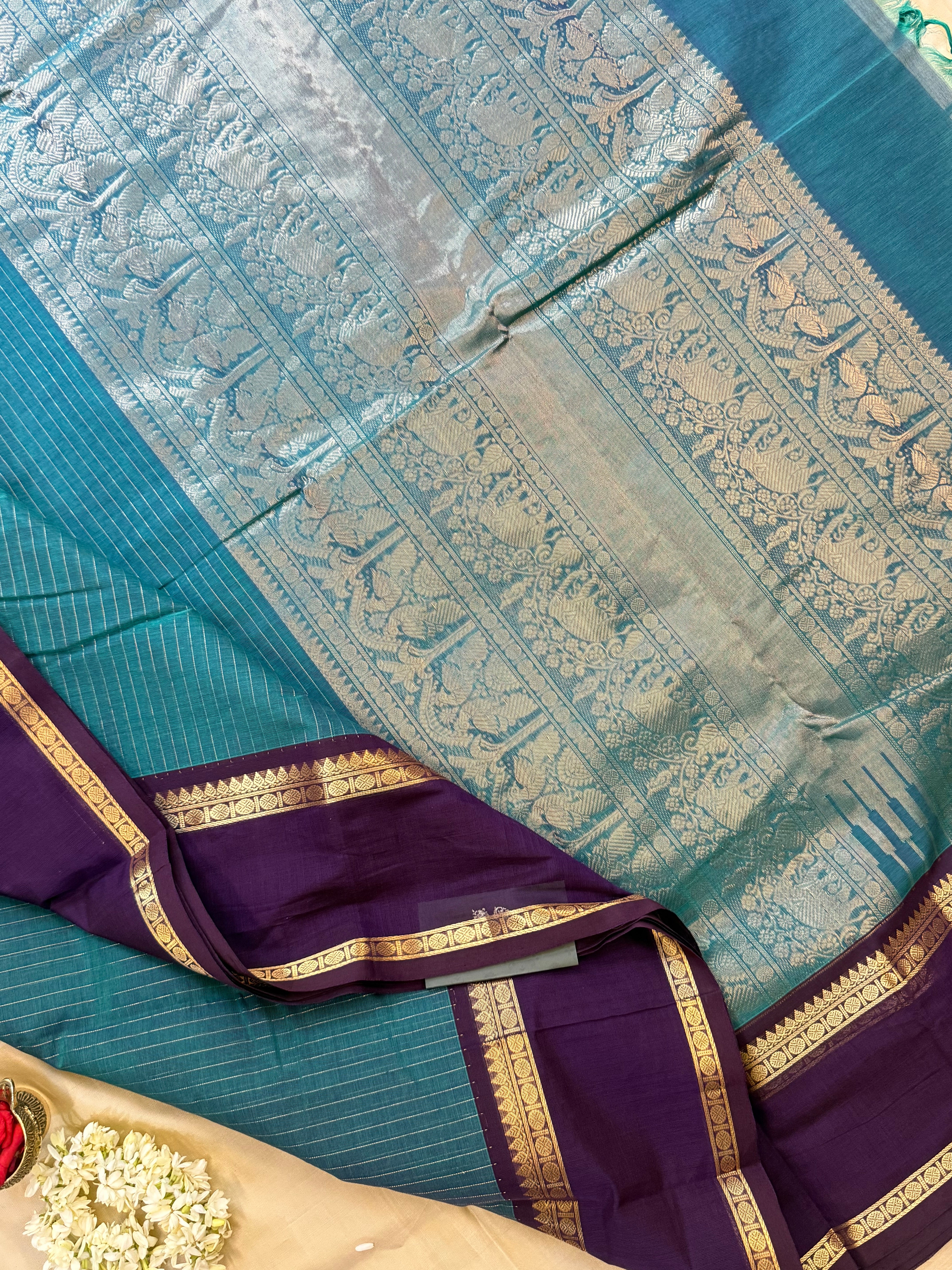 Rama green and dark purple rettapet border/ Kanchi Cotton