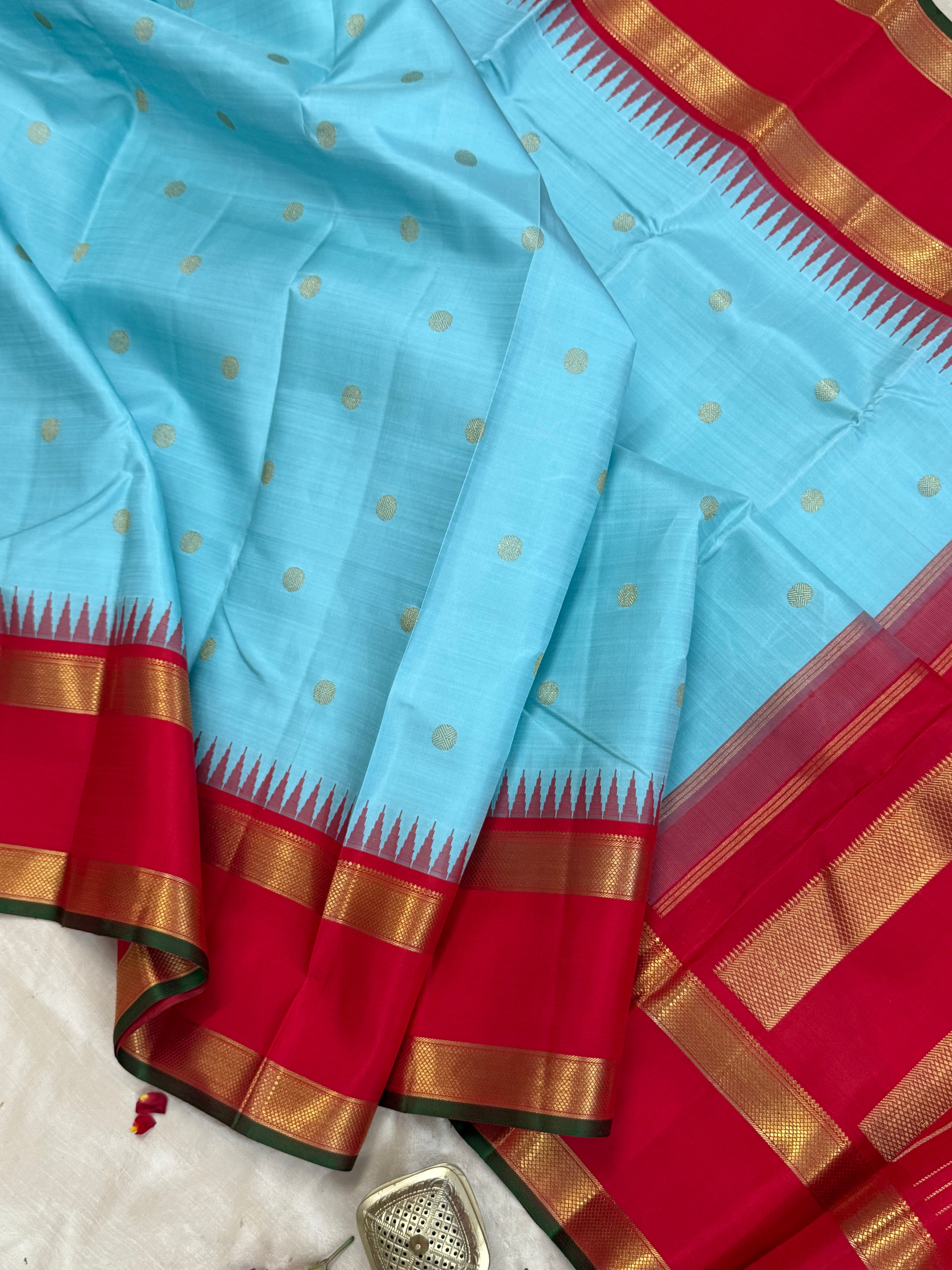Sky blue and Red rettapet border kai korvai/ Kanjipuram silk