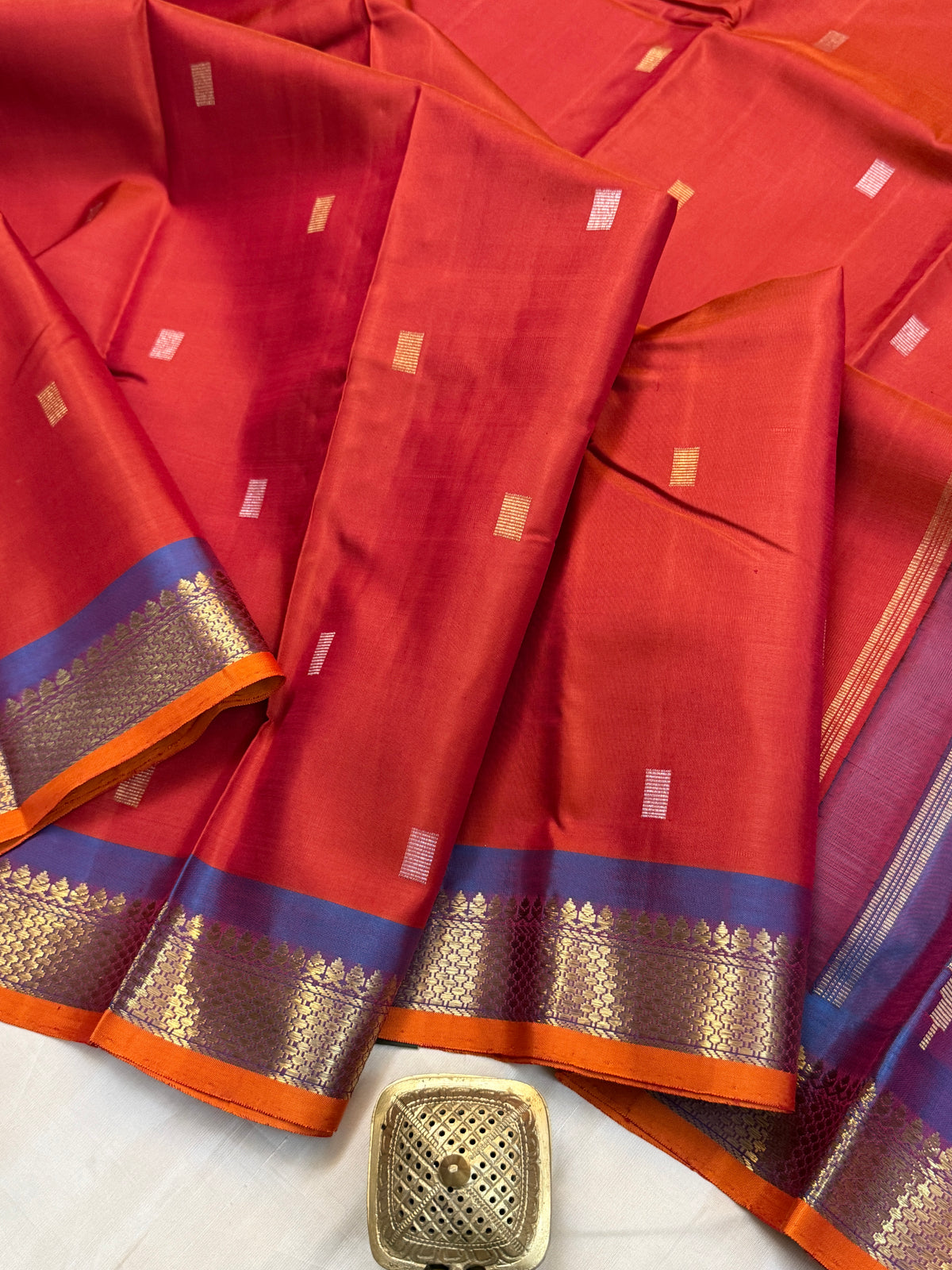 Rust Orange with silver and gold pure Zari butta/ kanjipuram silk saree