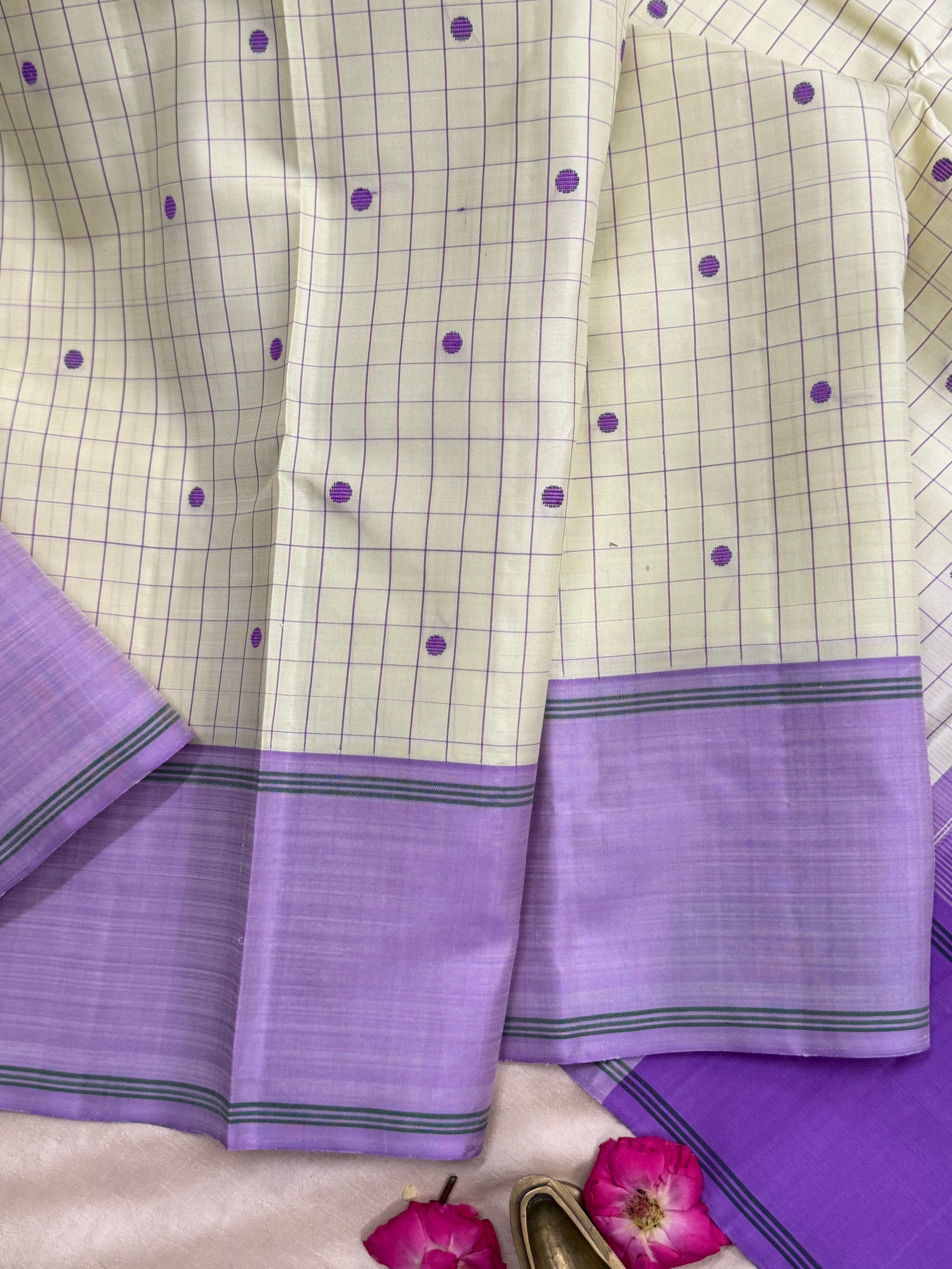 Offwhite check lavender thread work / Arani silk