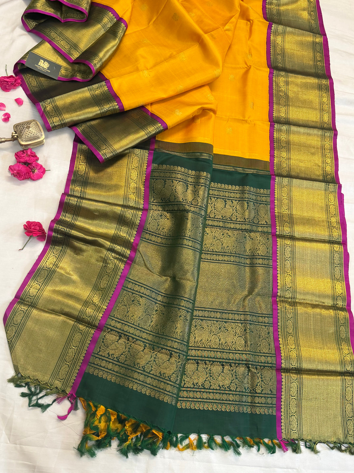 Yellow - Day 1 Navarthri colour pure Zari Kanjipuram silk / Golden yellow getti pet Korvai