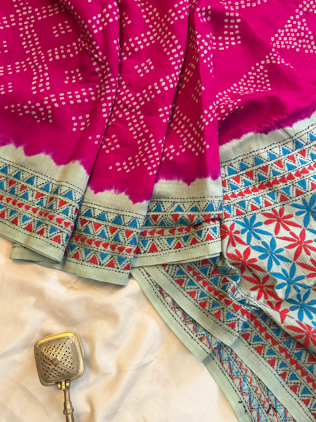 Pink Bandhini with Kantha work in silk