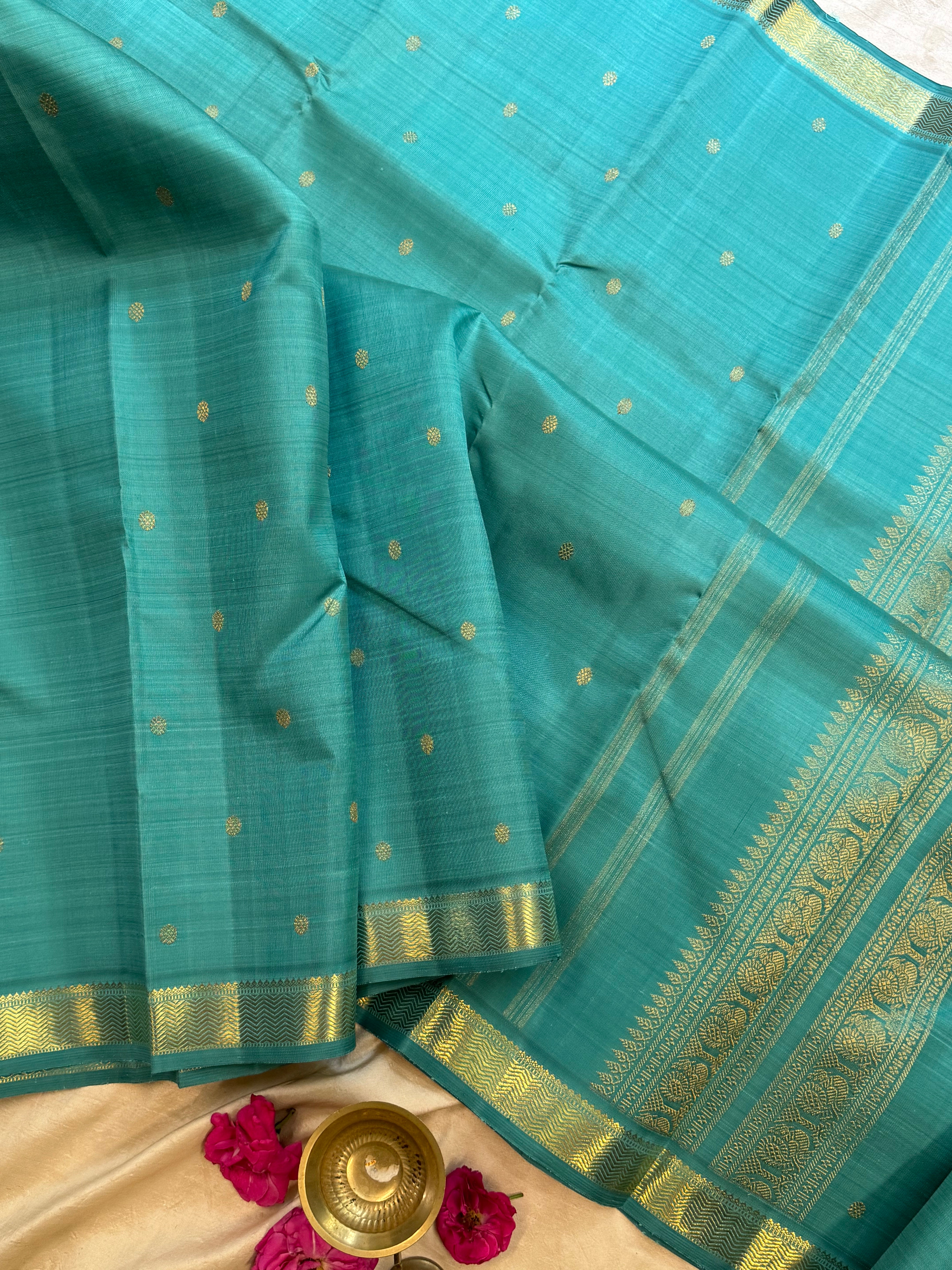 Light teal blue small border kanjipuram silk