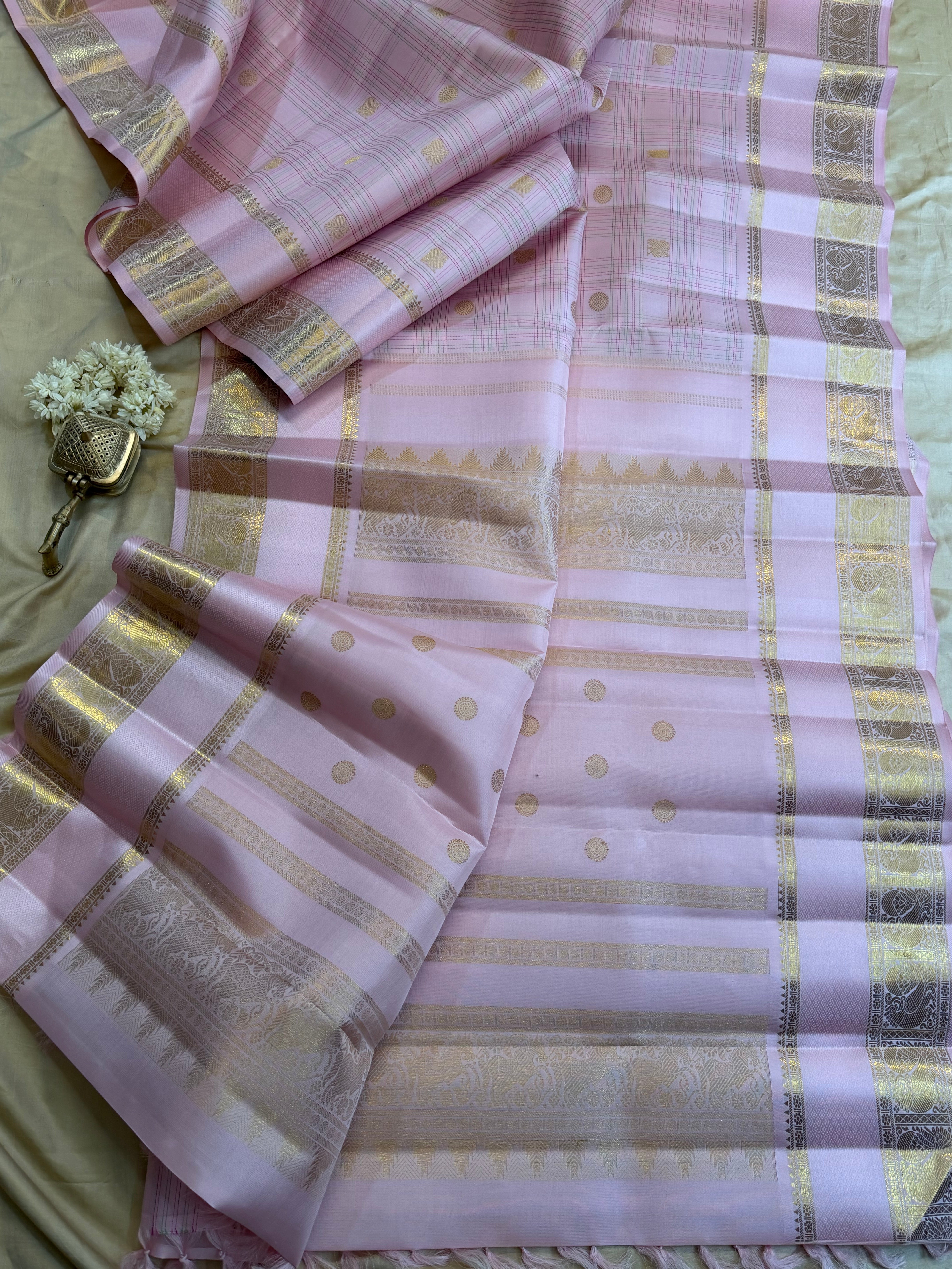 Baby pink thread Kattam retta pet pure Kanjipuram silk CL10144
