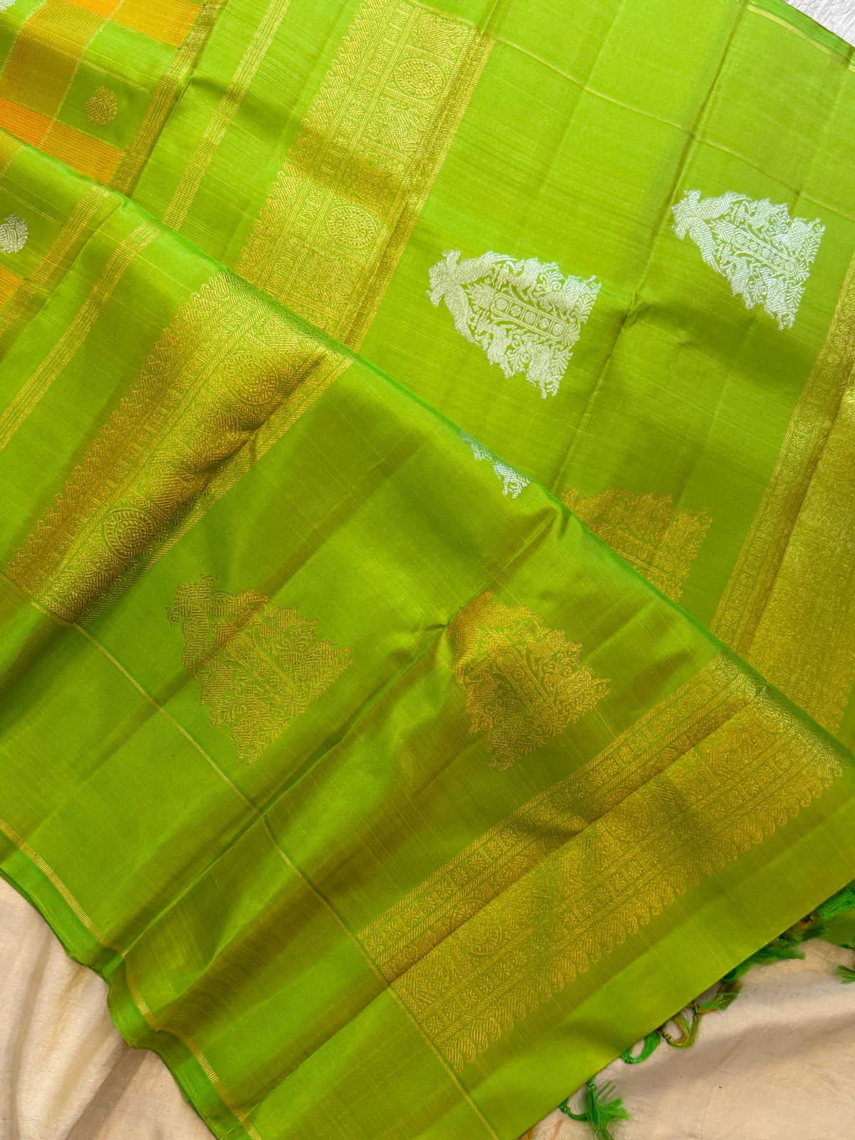 Lime green Chettinad Kattam - pure Zari Kanjipuram silk