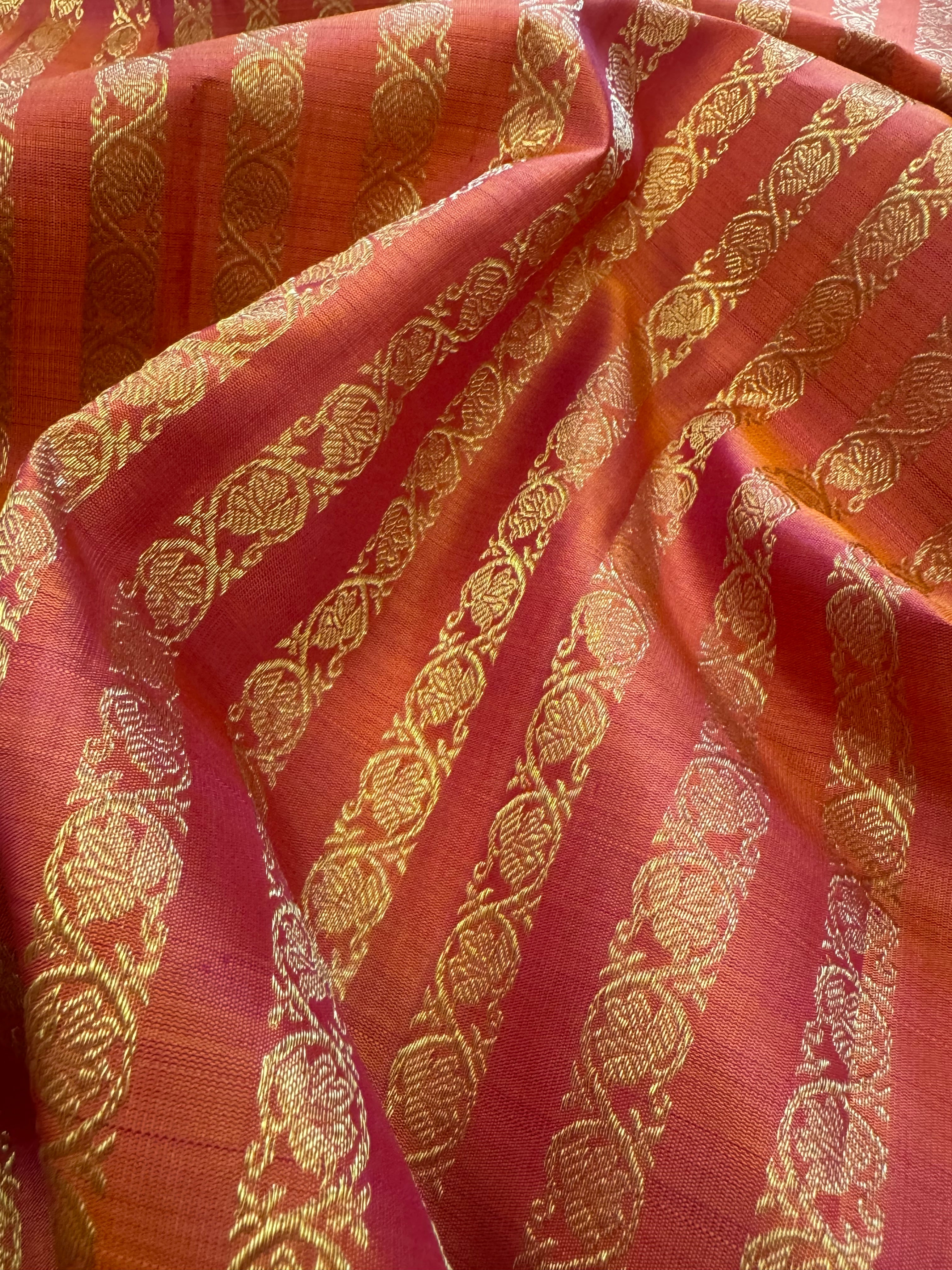 Rustic orange zari stripes pattern / Kanjipuram blouse fabric (per metre)